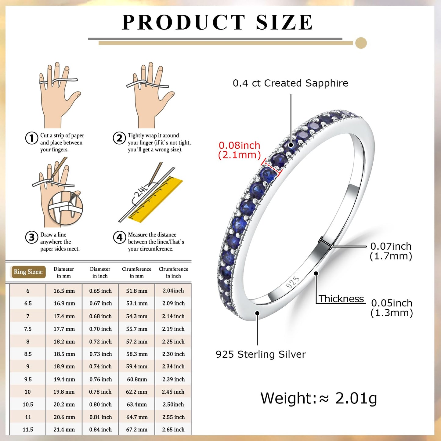 AGRULE Sapphire Eternity Band Stackable Wedding Rings for Men Women Sterling Silver Polished Finish September Birthstone Rings Saphire Ring Size 9