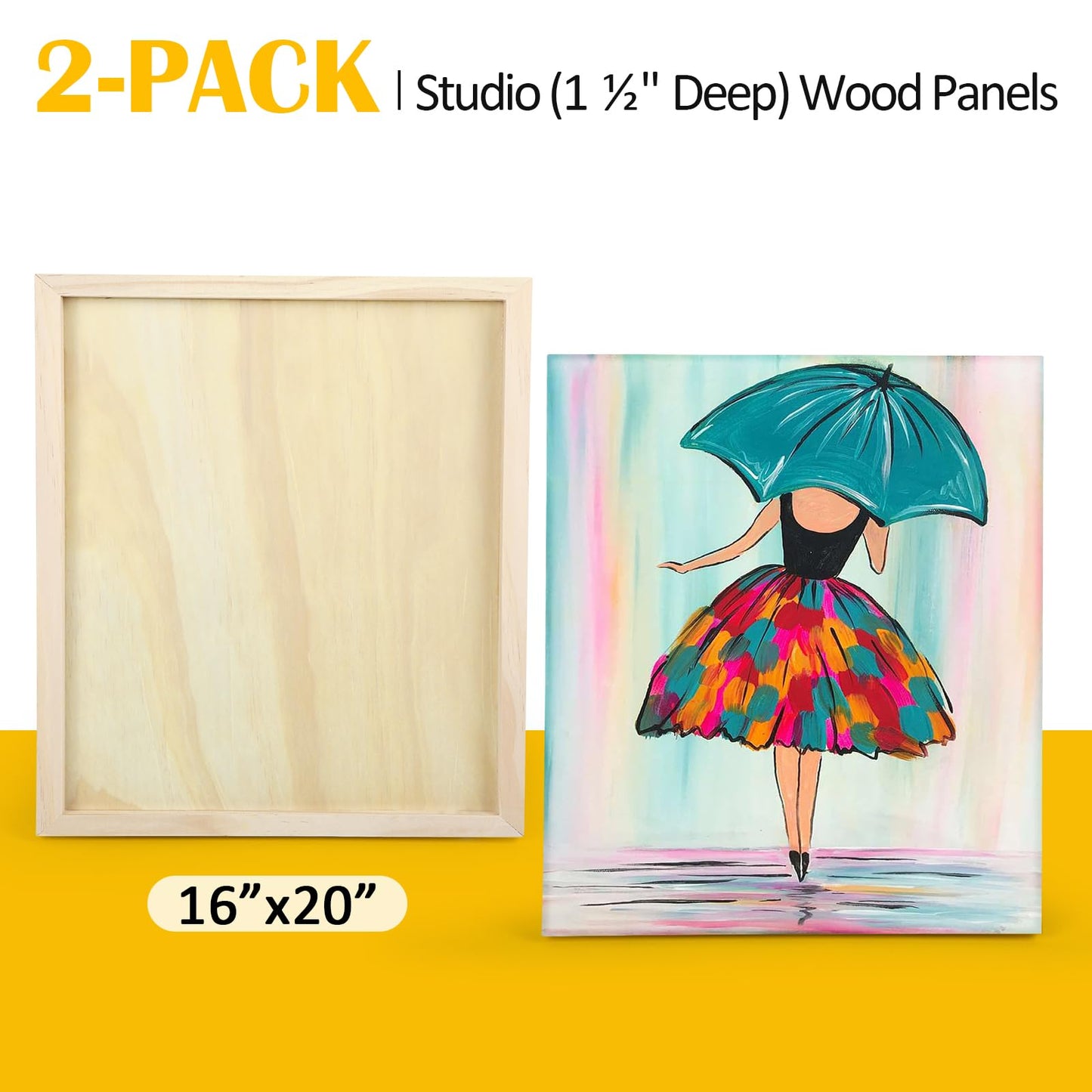 Falling in Art 2 Pack Unfinished Wooden Canvas Panels, 16x20 Gallery Birch Wood Panels Kit, 1 1/2" Deep Art Cradle Boards for Acrylic Painting, Pouring and Burning
