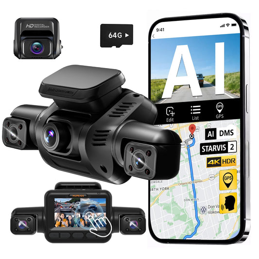 AI 4K Dash Cam Front and Rear Recording with Driver Monitoring System, STARVIS 2, 360° View 4 Channel Dashcam Free 64G Card, 5G Wi-Fi GPS, 3" Touch Screen, Night Vision, 24/7 Parking Mode, V8 MAX