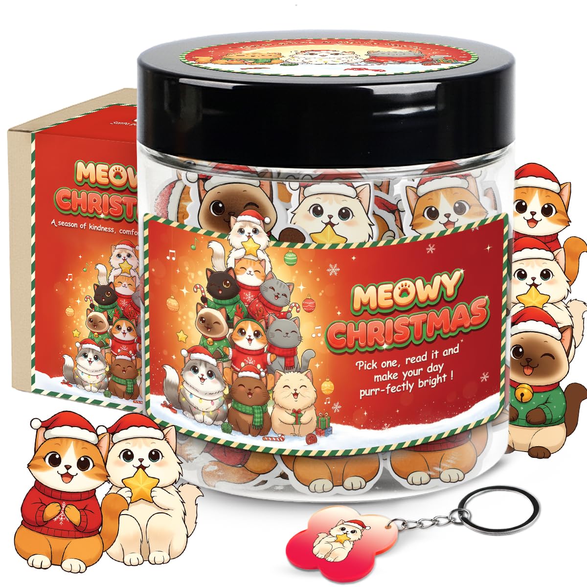 Meowy Christmas Jar with 60 Positive Cat Affirmation Cards, Gifts for People Who Love Cats, Cat Gifts for Women, Teens, Friends, Sisters, Emotional Support Cats, Christmas Gift Ideas Stocking Stuffers