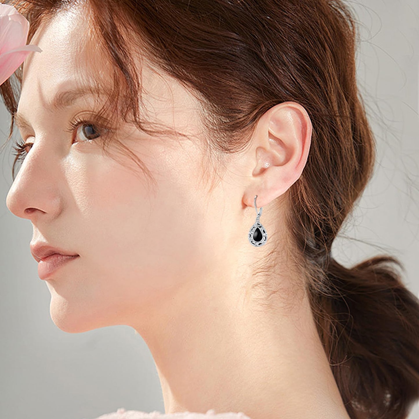 KoyeKei Filigree Black Onyx Leverback Earrings for Women 925 Sterling Silver Black Onyx Teardrop Dangle Drop Earrings Jewelry Filigree Anniversary Graduation Gifts for Sister Daugther Her