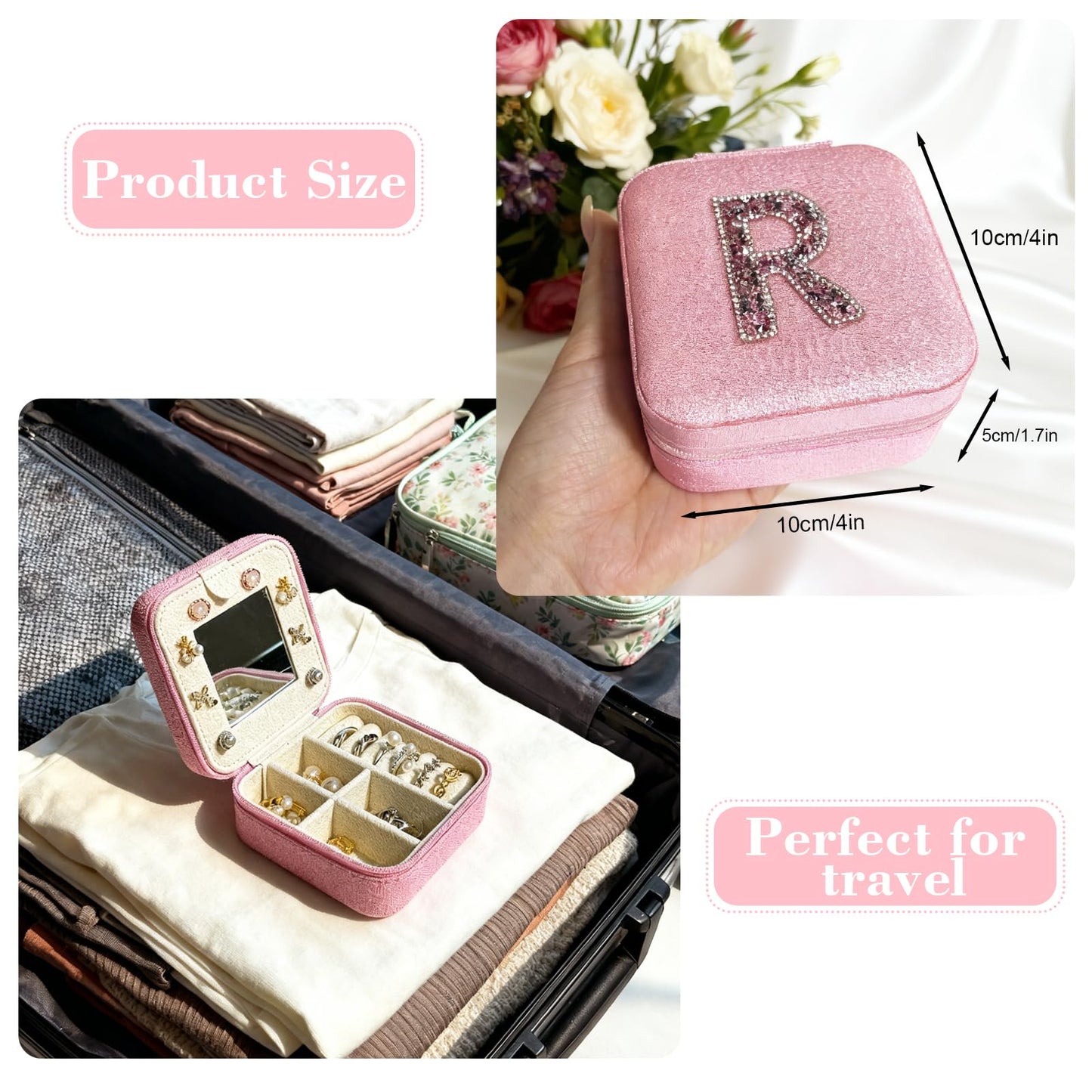 Zyvora Travel jewelry case Travel jewelry box Travel Jewelry Organizer Small box Gift for Girls Women with Mirror (Pink + R)