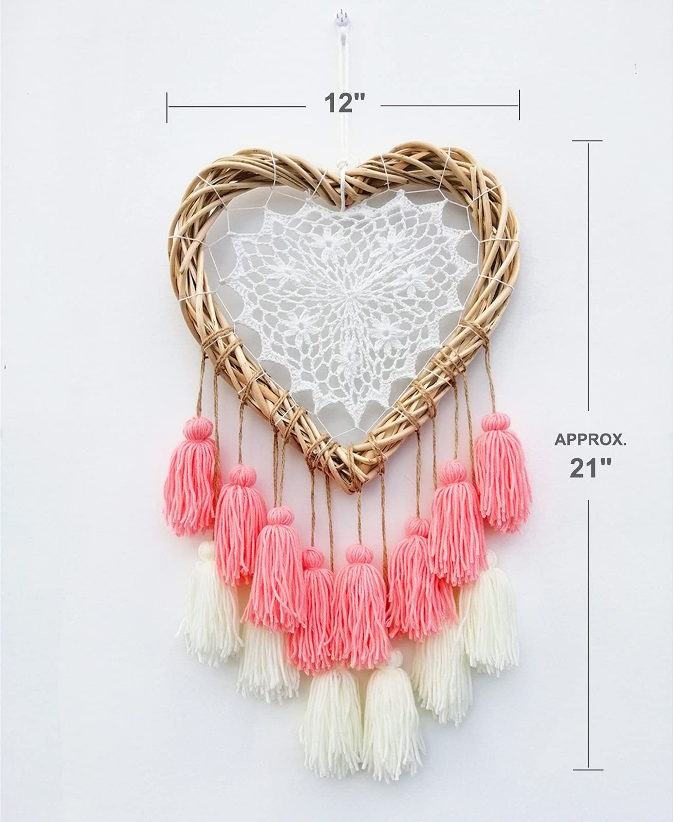 LVOPO Wall Hanging with Pink Tassels, Boho Baby Girls Room Wall Decor, Kids Nursery Decoration, Handmade Rattan Woven & Soft Cotton Cute Wall Art Backdrop, Chic Birthday Gift