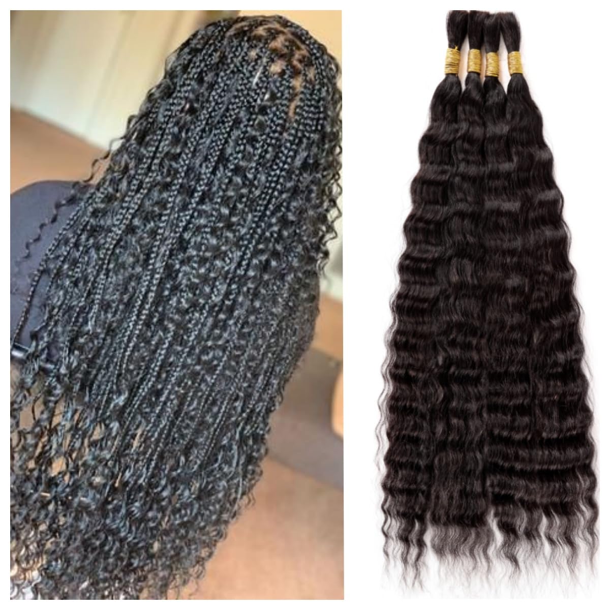 Wet and Wavy Human Braiding Hair No Weft Super Wavy Bulk Human Hair For Boho Braids 100g (1Pack-4PCS) 100% Virgin Human Hair Super French Micro Braiding Bohemian Braids (Super Wavy（#1B), 16 Inch)