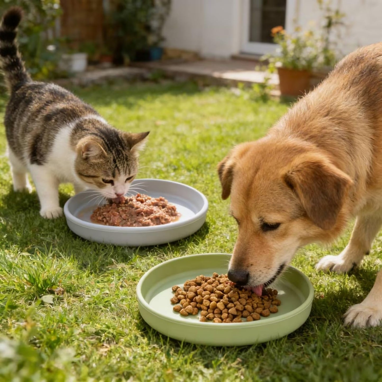 2 Pack 7 Inch Shallow Pet Bowls - Silicone Cat & Dog Food Dishes for Whisker Fatigue Relief - Non-Slip Flat Feeding Bowls for Dry/Wet Food & Water (Green & Gray)