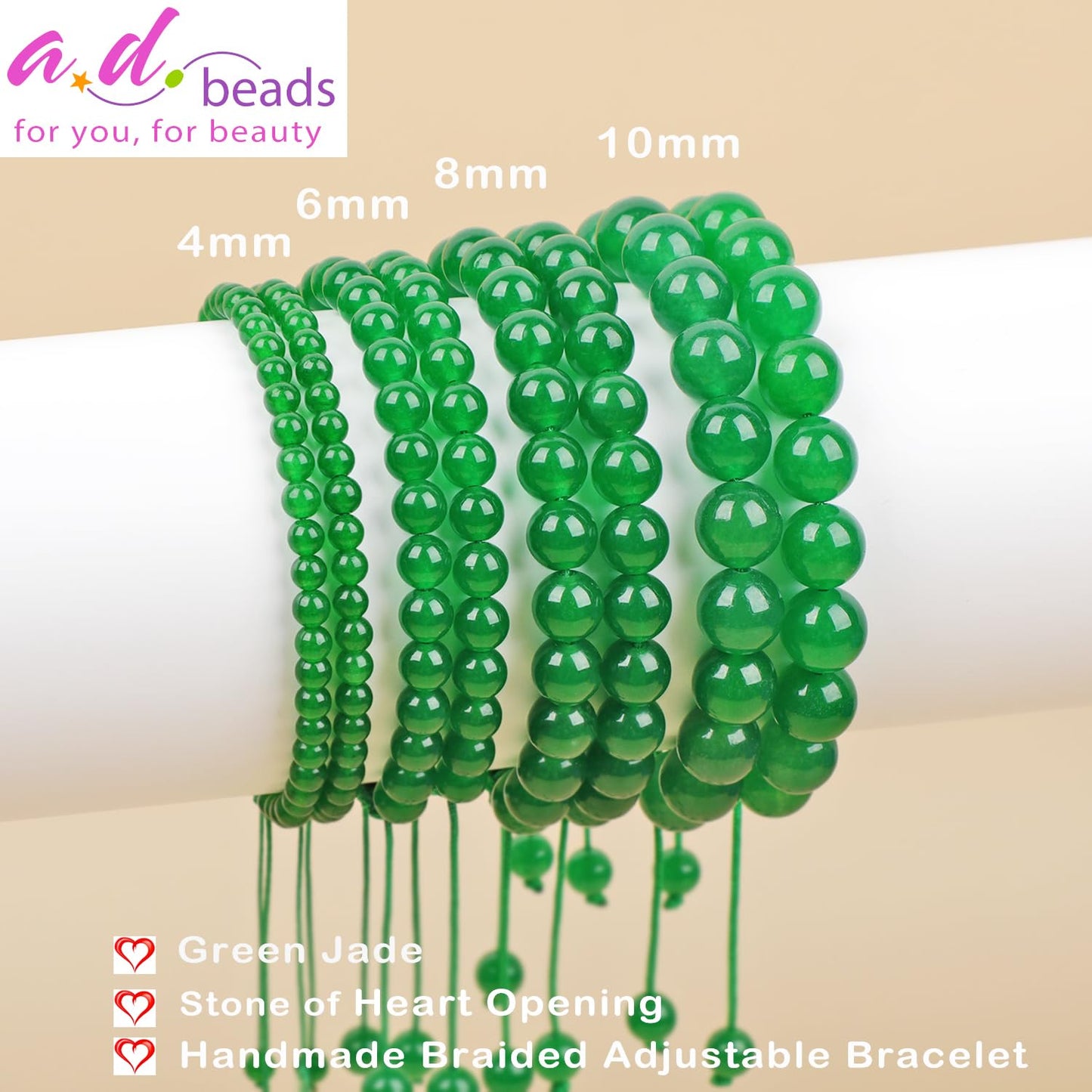 AD Beads 4mm Green Jade Bracelet - Stone of Heart Opening - Handmade Natural Stone Crystal Bracelet with Adjustable Macrame String - Yoga Healing Power Energy Gifts for Men and Women
