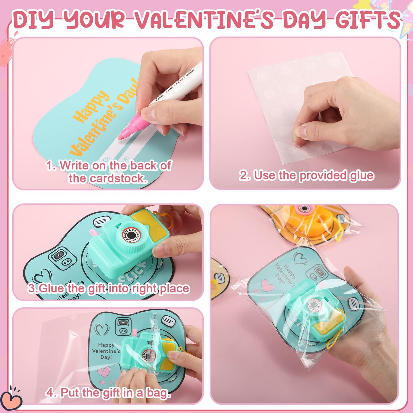Jenaai 30 Pack Valentines Day Gifts for Kids Mini Toy Camera Bulk Set with Valentine's Greeting Cards Images in Viewfinder for Kids Classroom Exchange Gift Award Prize Party Favors