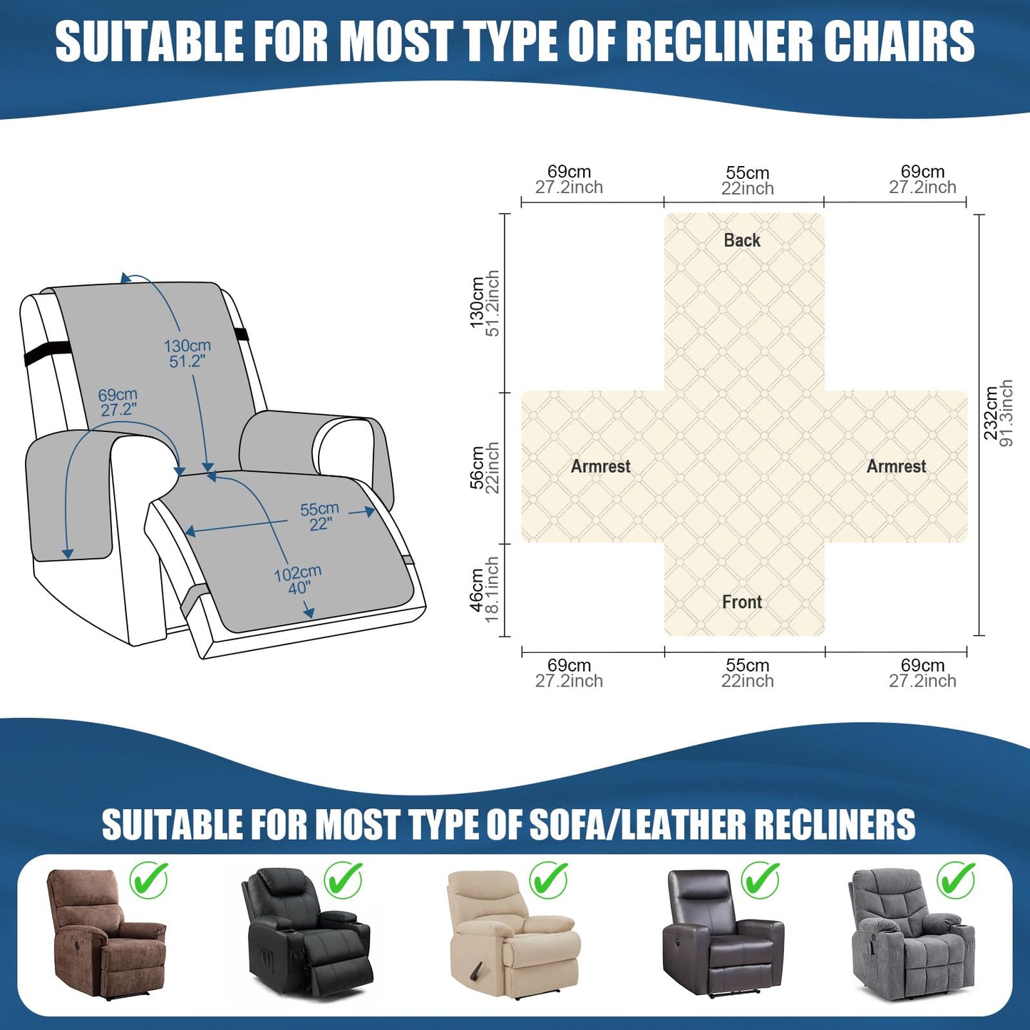 TAOCOCO 100% Waterproof Recliner Covers, Recliner Sofa Covers with Leg Straps, Reversible Recliner Couch Cover for Reclining Chair, Washable Couch Protector for Pets Kids(1 Seater 22", Dark Gray)