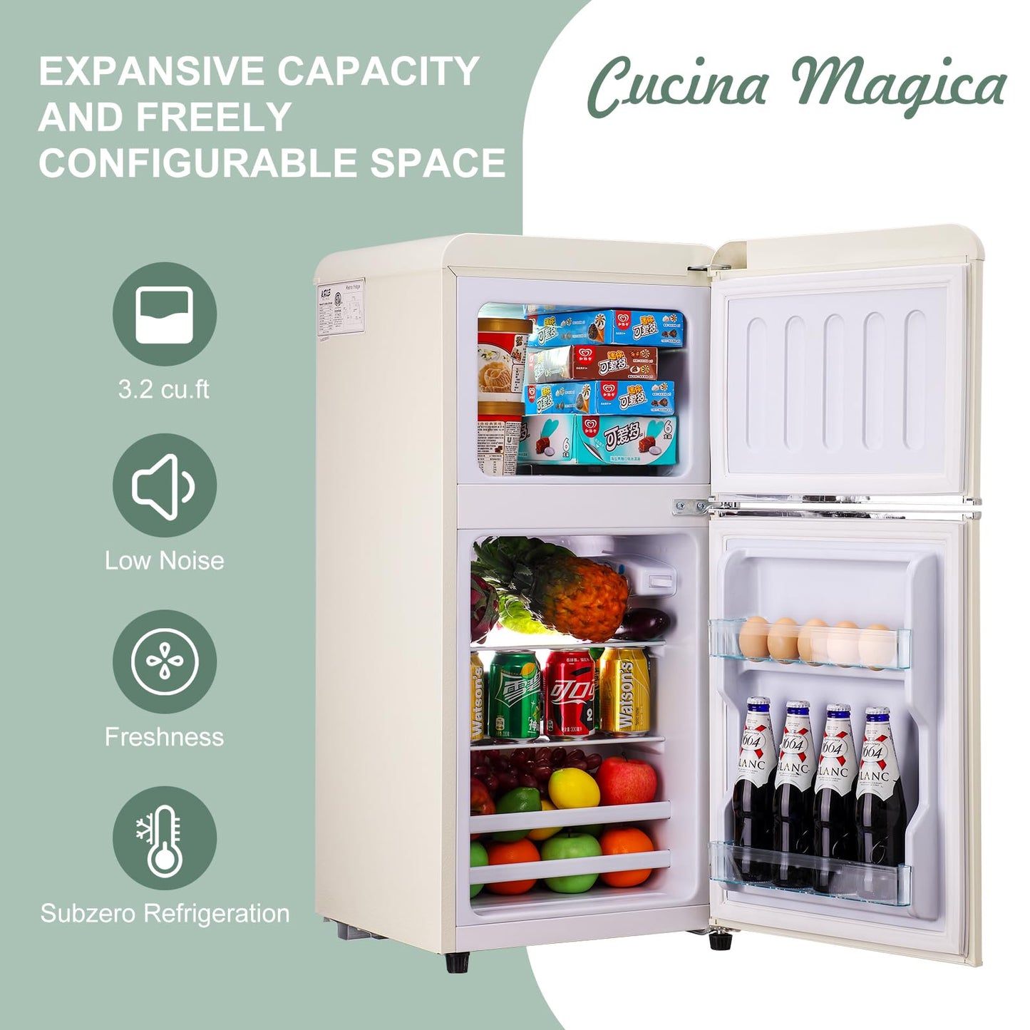 Cucina Magica Mini Fridge for Bedroom, 3.2 Cu.Ft Mini Fridge, Retro Refrigerator with Adjustable and Removable Double Doors, Suitable for Office, Bedroom, Dormitory or Cabin, Blue