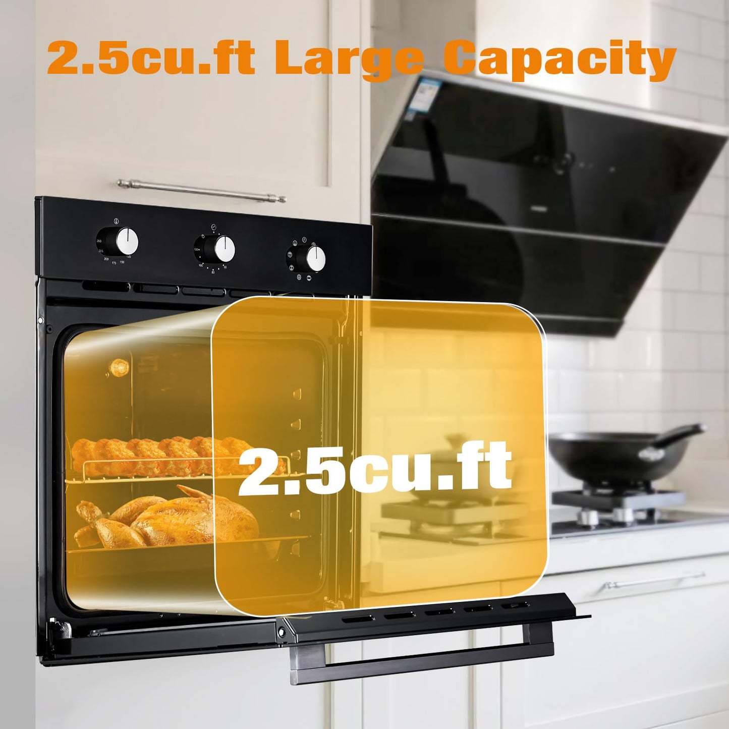 24" Single Wall Oven, 2.5 Cu.Ft Built-in Electric Single Wall Ovens with Mechanical Knobs, Double-Layered Glass Door, 5 Cooking Functions, 3000W 240V Ideal for Kitchen Oven