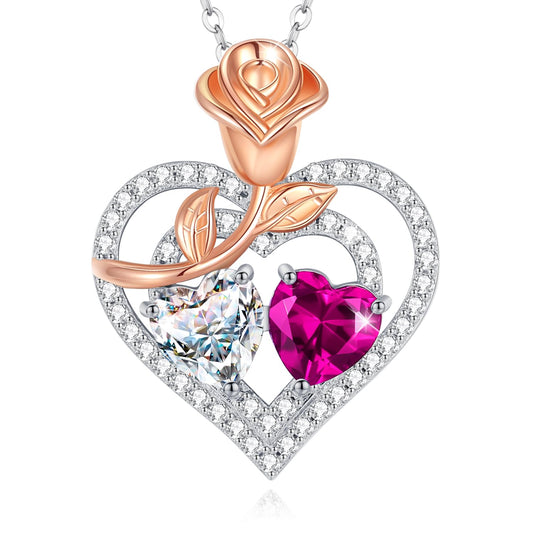 AGVANA April October Birthstone Jewelry CZ Pink Tourmaline Necklace Sterling Silver Rose Flower Heart Double Birthstone Pendant Necklace Anniversary Birthday Gifts for Women Mom Wife Her