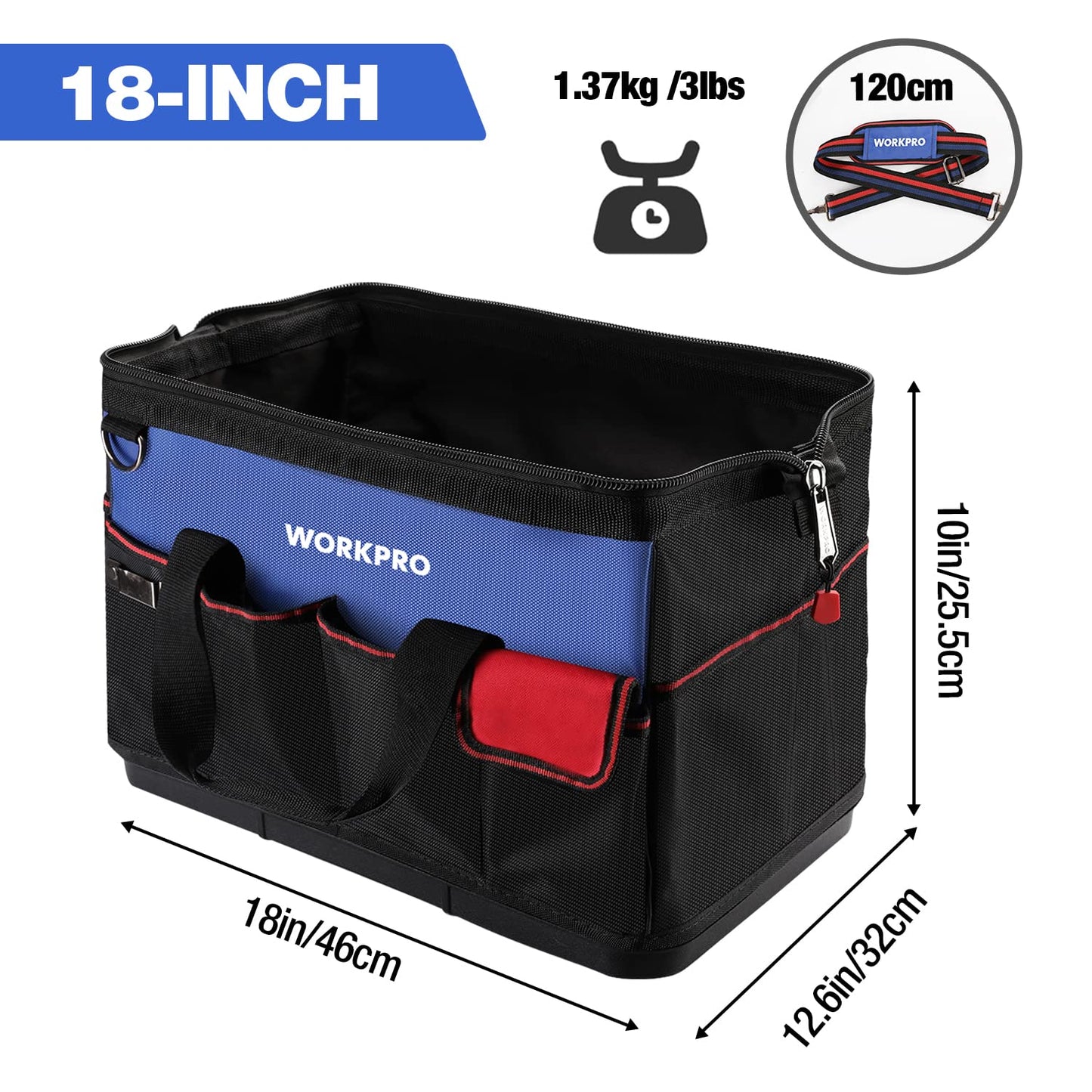 WORKPRO Tool Bag, 18 Inch Tool Bag with Waterproof Molded Base, Open Top Tool Organizer Bag with 20 Pockets, Adjustable Shoulder Strap