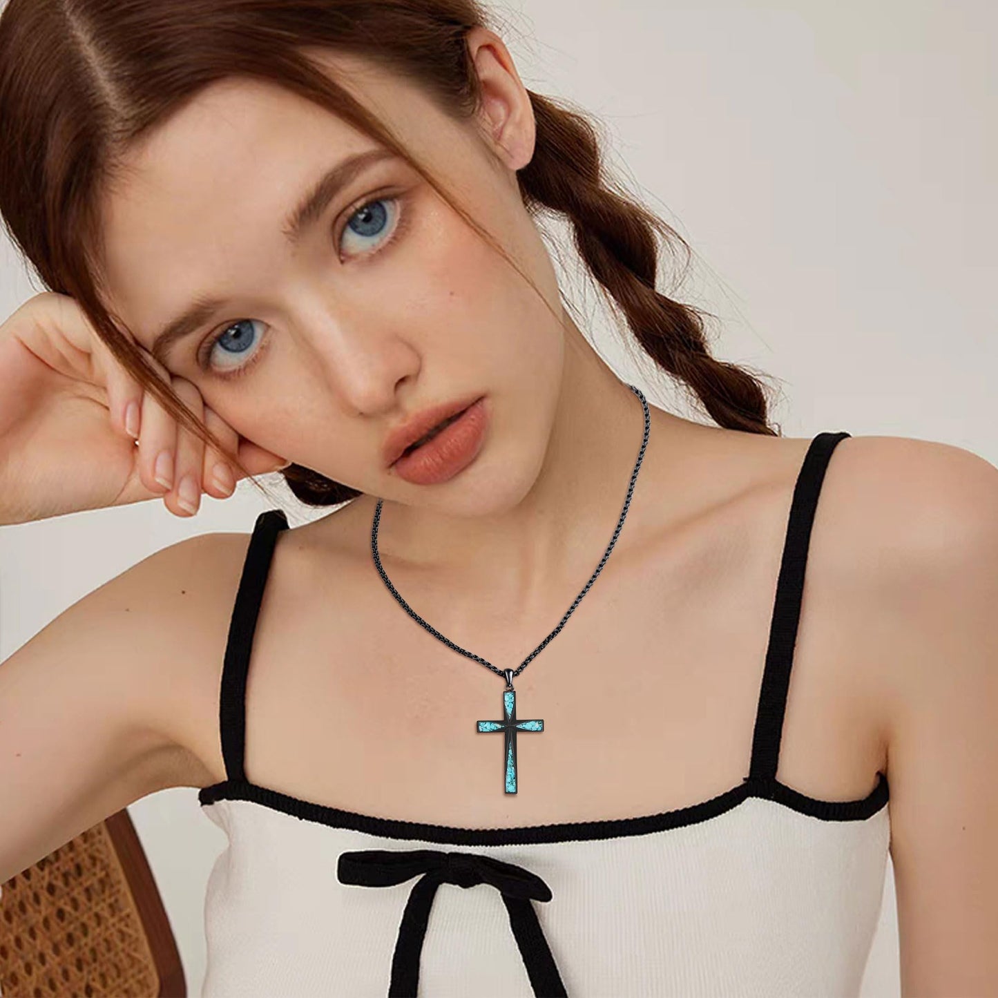ONEFINITY Religious Cross Pendant Necklace Sterling Silver Origami Cross Pendant Gifts for Women Men Jewelry (A-Black Cross with Turquoise Gravel)