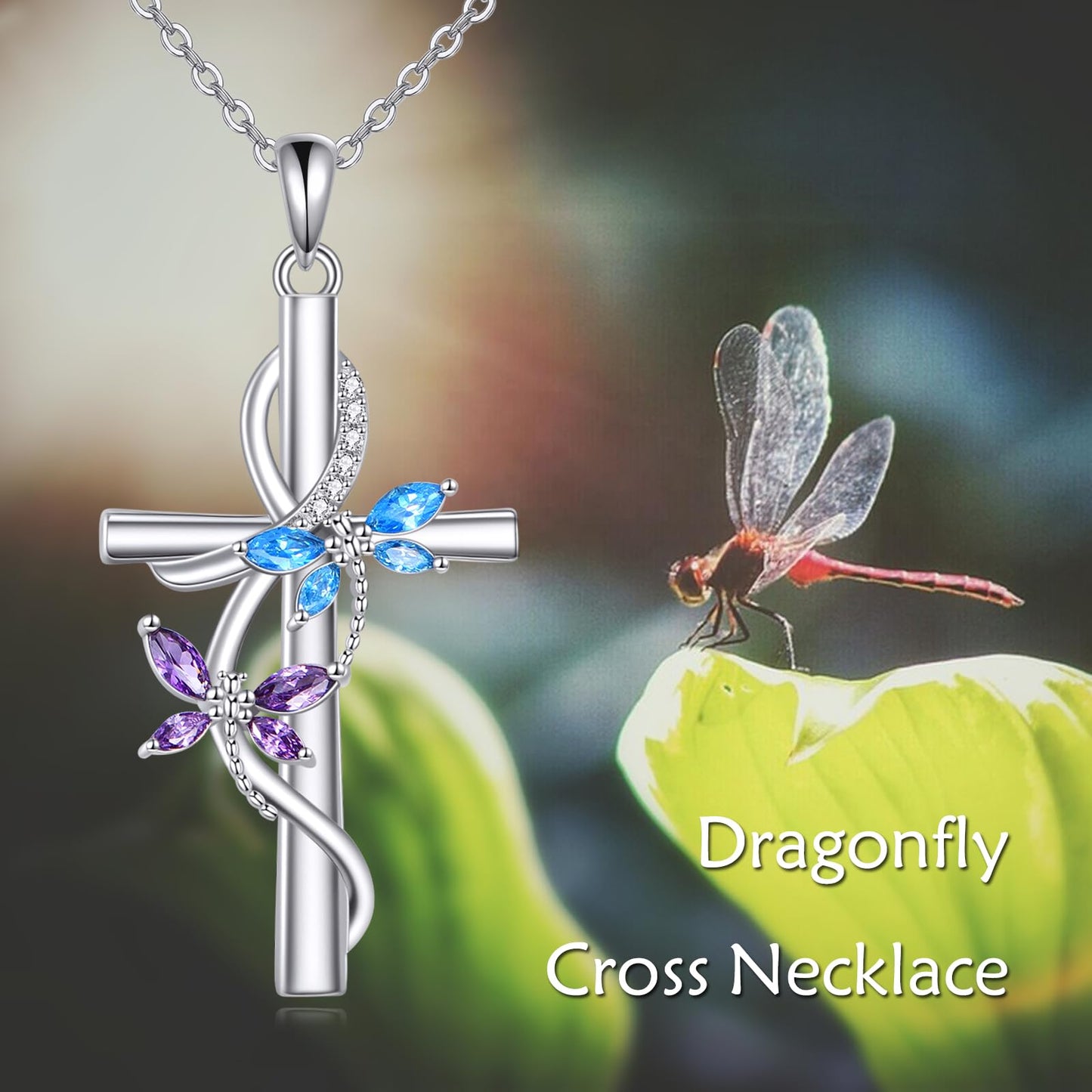 JERWLI Dragonfly Cross Necklace 925 Sterling Silver Dragonfly Cross Pendant Necklace Jewelry for Women Gifts
