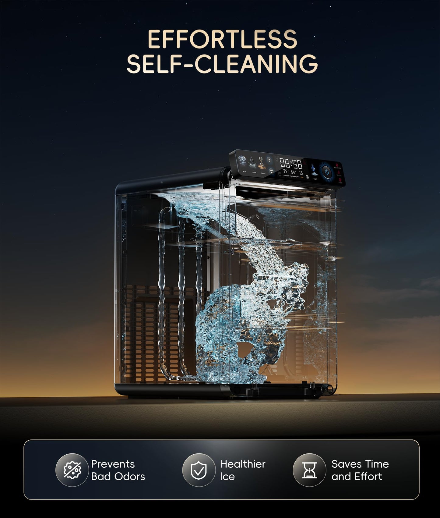 ecozy Smart Nugget Ice Maker Countertop, First Full-Color Smart Panel Ice Machine with APP Control, Double-Layer Insulation, 44 lbs/24H Soft Pellet Chewable Ice, Pull-Out Water Tank, Self-Cleaning