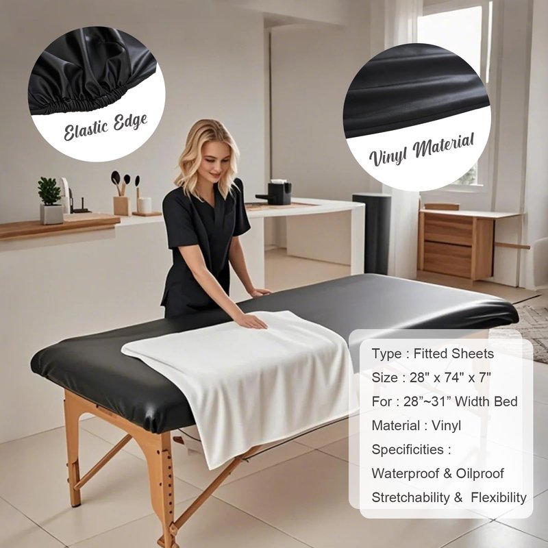 Massage Table Cover Protector Vinyl Leather Spa Bed Covers - Fits Beds 28-32" Wide, Lash Bed Protective Cover Fitted, Esthetician Accessories, Waterproof & Oilproof & Reusable & Elastic (Black)