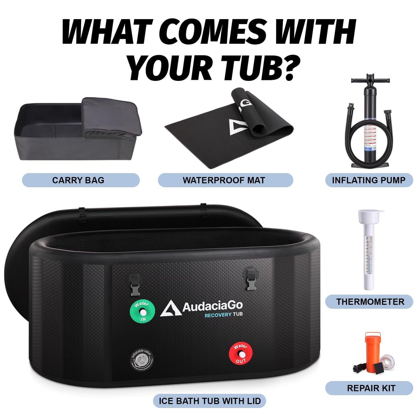XXL Ice Bath Tub for Athletes, Compatible with Water Chillers, 216-Gallon Inflatable Cold Plunge Tub with Insulated Lid, Thermometer, Water-Absorbent Mat, Portable for Outdoor & Indoor Recovery
