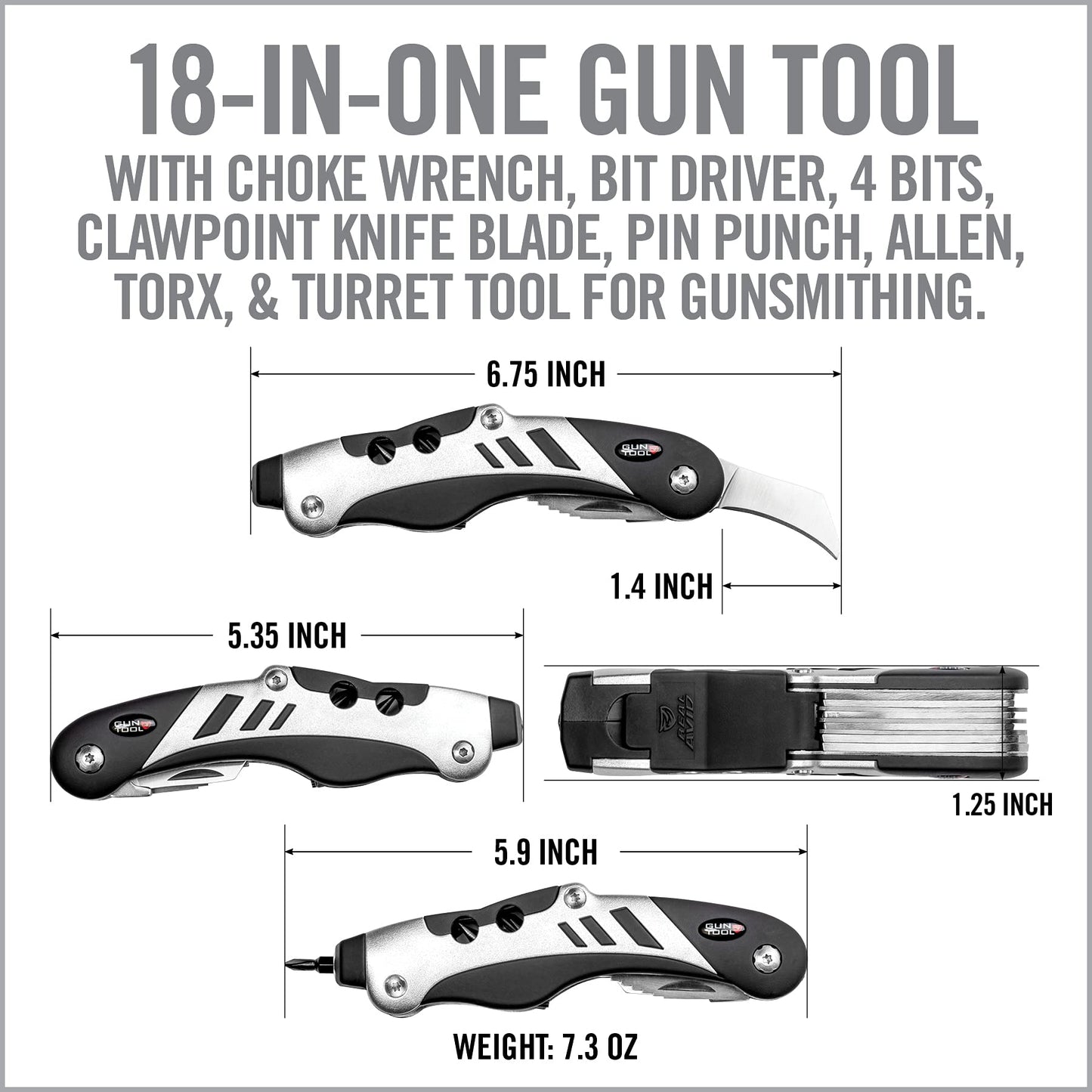 Real Avid Gun Tool - 18 in 1 Gunsmithing Shotgun & Rifle Multitool - Bit Driver, Torq Bits, Choke Tube Wrench, Allen Wrench, Scope & Punch Tool