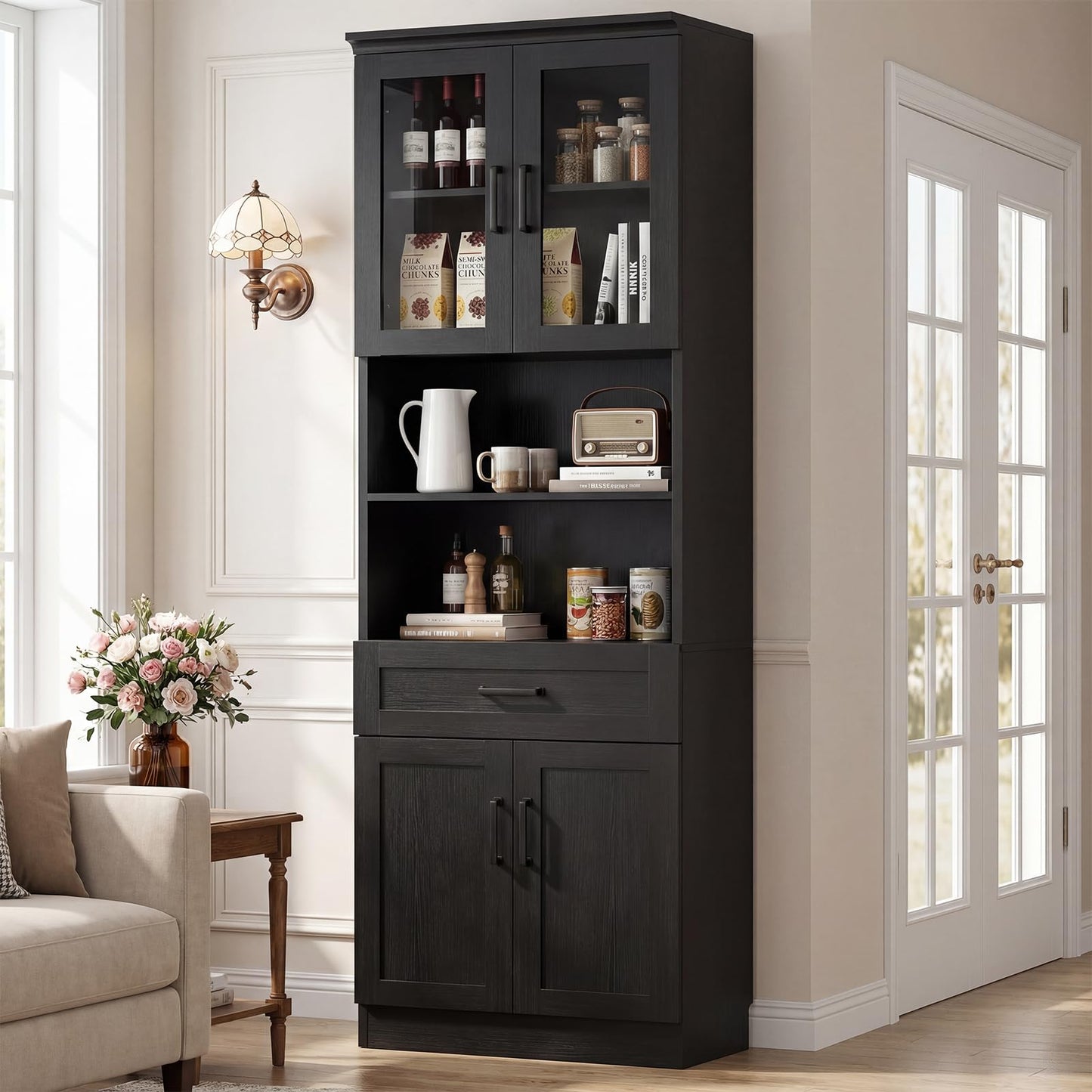 Unikito 79.7" Tall Kitchen Pantry Storage Cabinet, Freestanding Kitchen Hutch Cabinet with Glass Door, Adjustable Shelves and Drawer, Display Bookcase for Living Room, Dining Room, Bathroom, Black