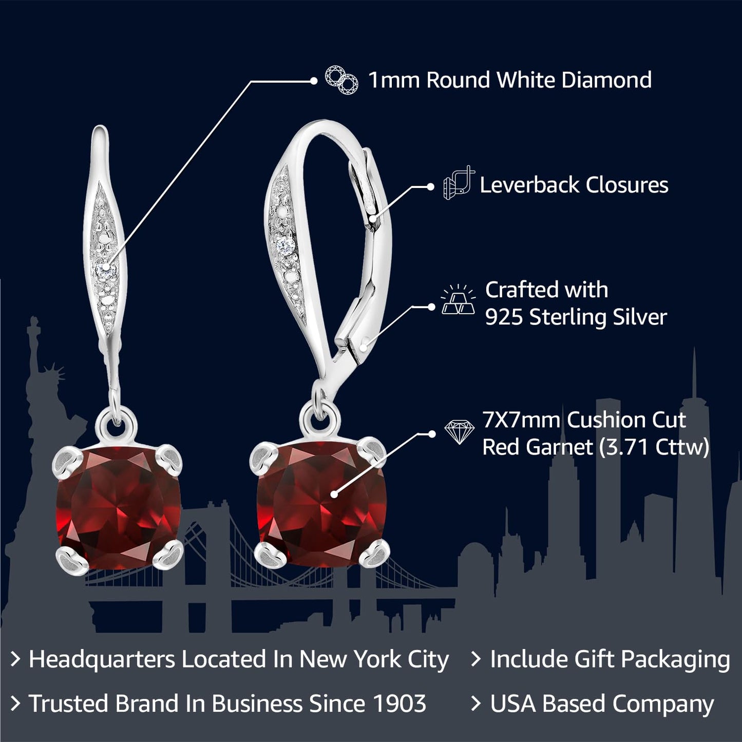 Gem Stone King Drop Dangle Earrings For Women | 7MM Cushion Cut Gemstone Birthstone and Diamond | 925 Sterling Silver | Jewelry Gift for Mom Wife Her | Garnet-January | Sterling Silver