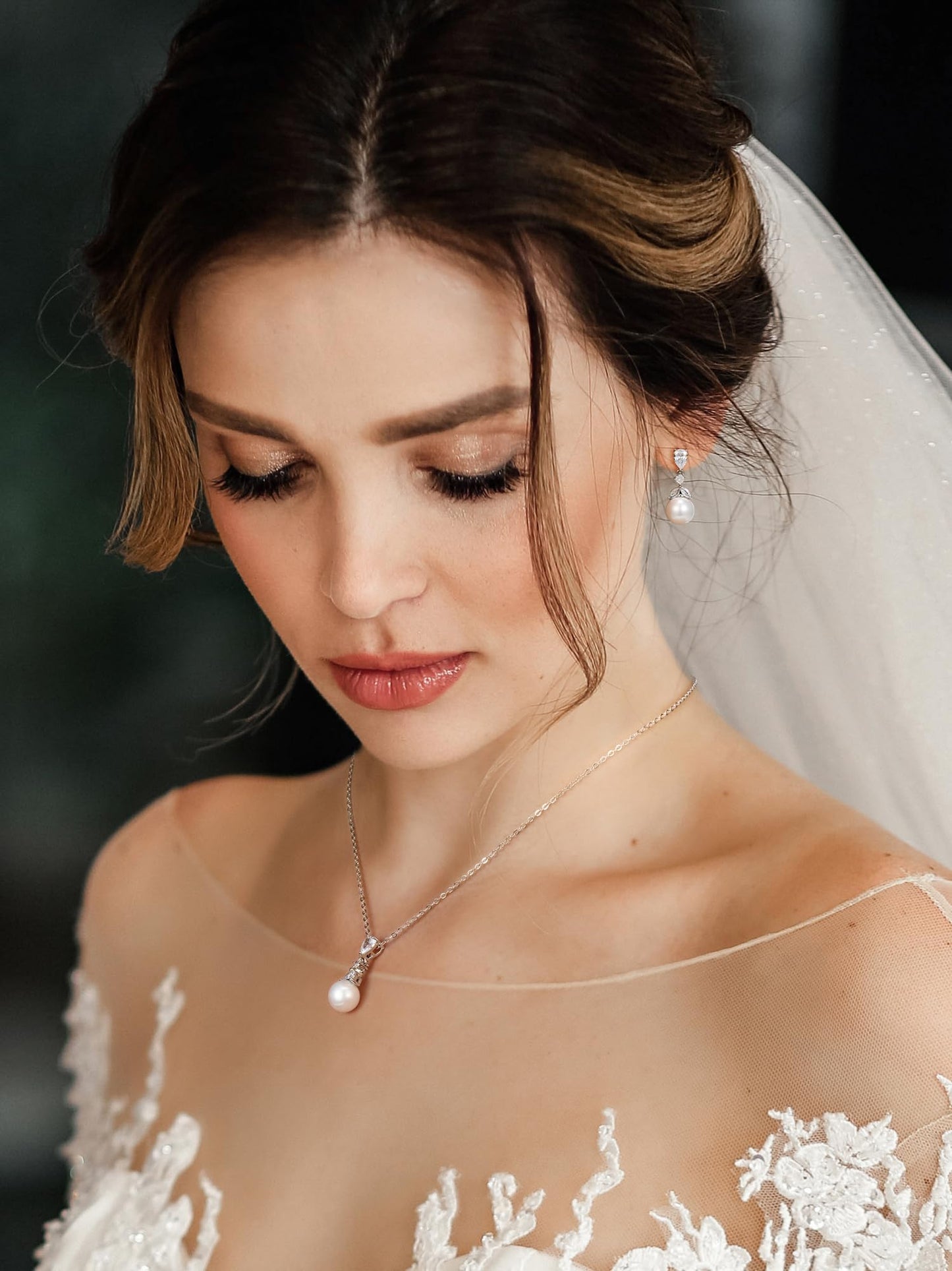 SWEETV Pearl Wedding Jewelry Set For Brides, Cubic Zirconia Wedding Necklace and Earrings Set, Elegant Bridal Jewelry Set for Women Bridesmaids Prom