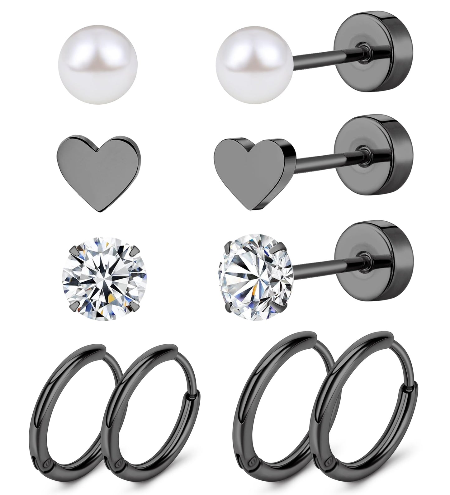 MJust Titanium Earrings for Sensitive Ears 20G Hypoallergenic Stud Hoop Earrings for Women Men Opal Ball CZ Heart Pearl Flat Back Earrings Cartilage Earrings Set