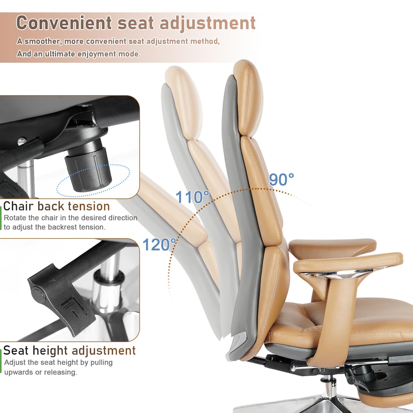 FurniBaron Genuine Leather Office Chair with Flexible Footrest, High Back Executive Office Chair with Lumbar Support, Adjustable Tilt Mechanism, Weight Capacity 400 lbs (Brown)