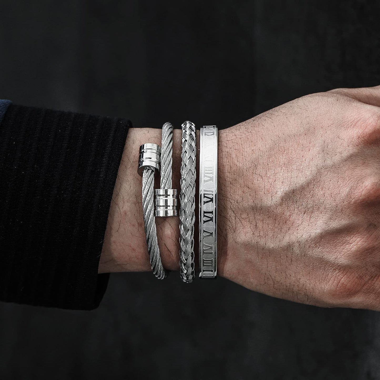 WFYOU 3PCS Stainless Steel Bracelets for Men - Gold Roman Numeral & Adjustable Cuff Bracelets - Luxury Mens Jewelry Gifts, 2.5 inch, Metal, stainless-steel
