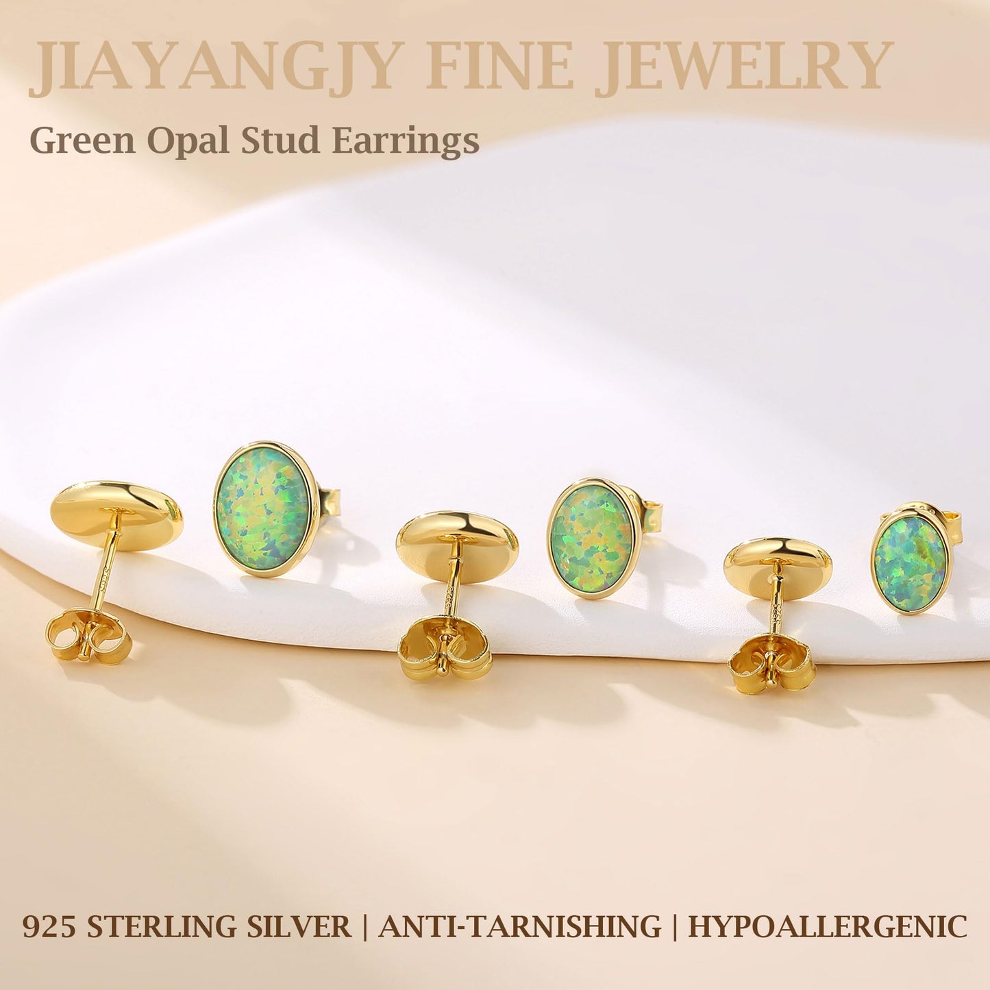 JiayangJY Silver Green Fire Opal Stud Earrings for Women 18K Yellow Gold Plated Sterling Silver Oval Shape 7mm Opal Earrings with Push Back