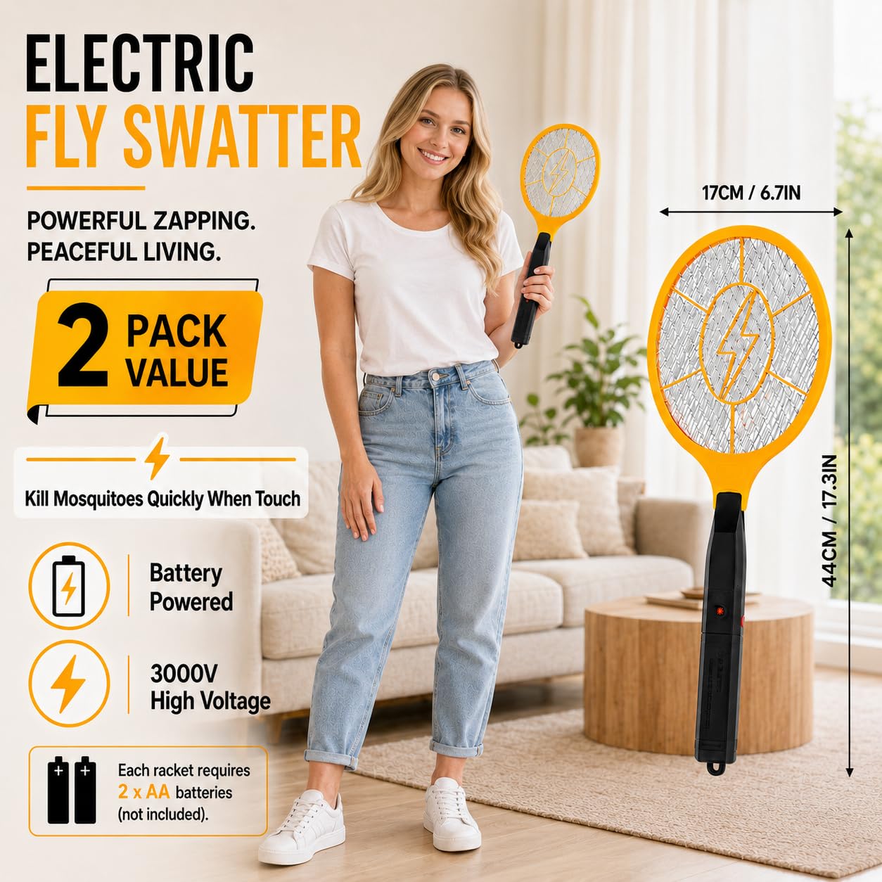 2 Pack Electric Fly Swatter, Bug Zapper Racket for Indoor Pest Control, Handheld Insect Killer Bat Battery Powered Electric Mosquito Swatter for Outdoor and Home