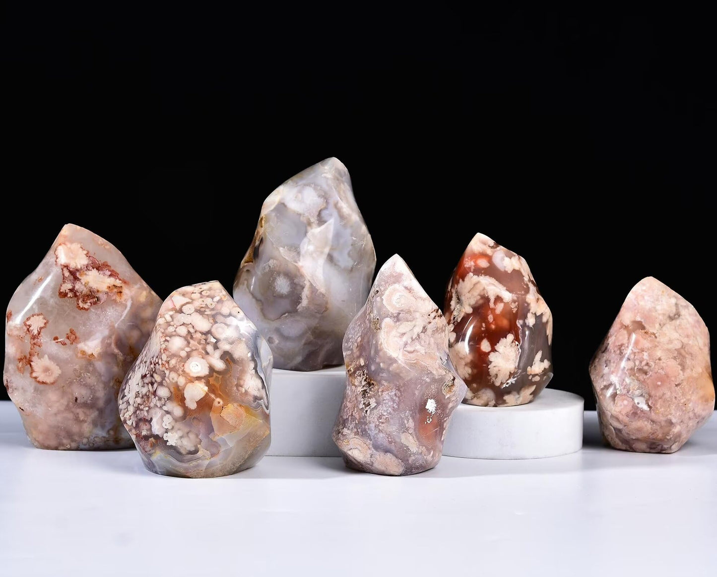 AMOYSTONE Cherry Blossom Agate Flame Shaped Stone Towers Obelisk Flower Agate Natural Healing Crystal Quartz Reiki Energy Decoration Home Office Small 1.0LBS