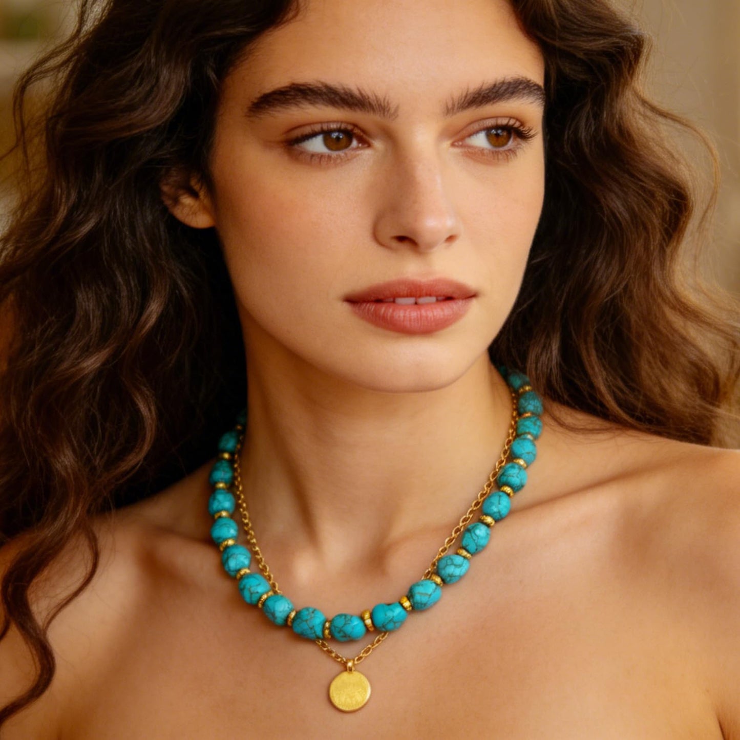 Chunky Turquoise Necklace, 18K Gold Chunky Turquoise Beaded Statement Necklaces for Women Handmade Boho Natural Stone Bohemian Summer Beach Bead Necklace Blue Trendy Western Jewelry 17 Inches