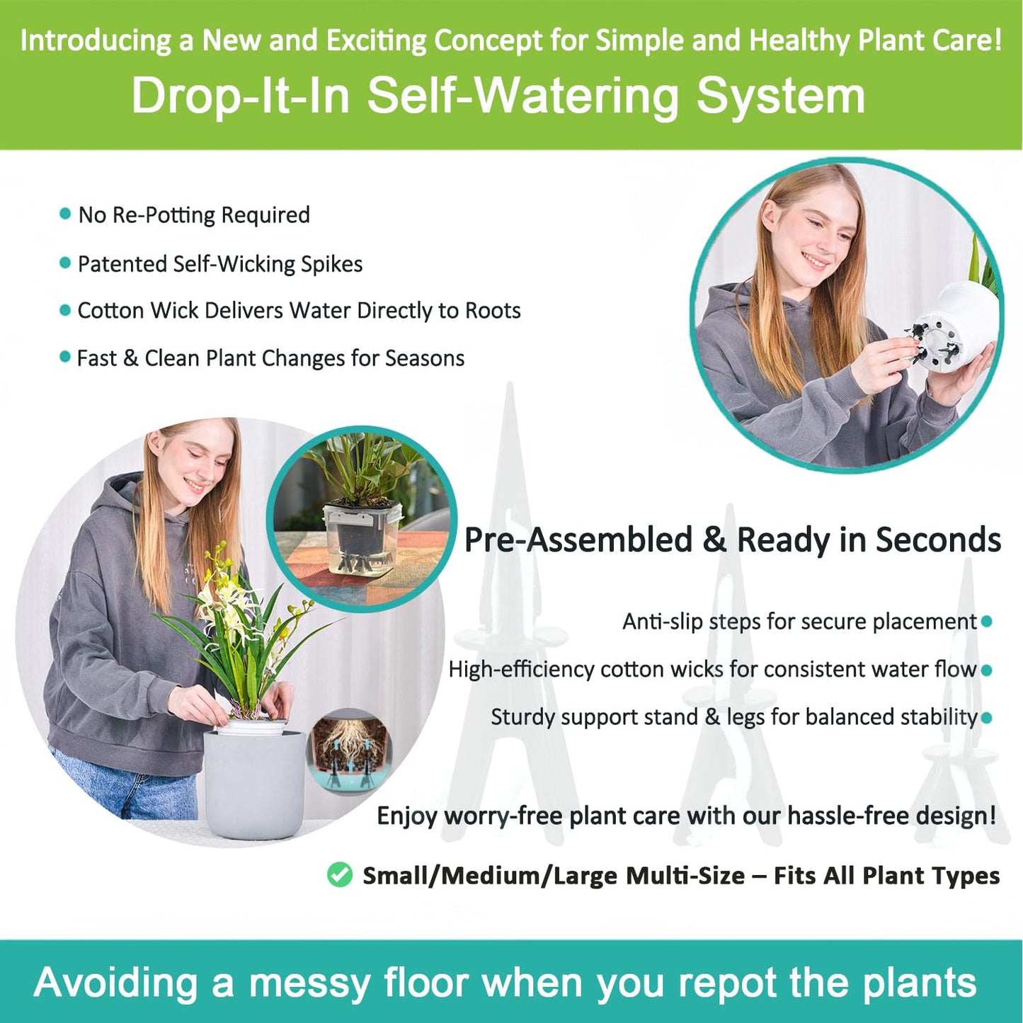 GreenShip 8 Pack Self Watering Planter Insert Watering Spikes, Watering Stakes with Wicking Rope, Plant Spikes for Indoor Outdoor Plants, Vacation Plant Watering Device for Planter Height 4.7" to 12"
