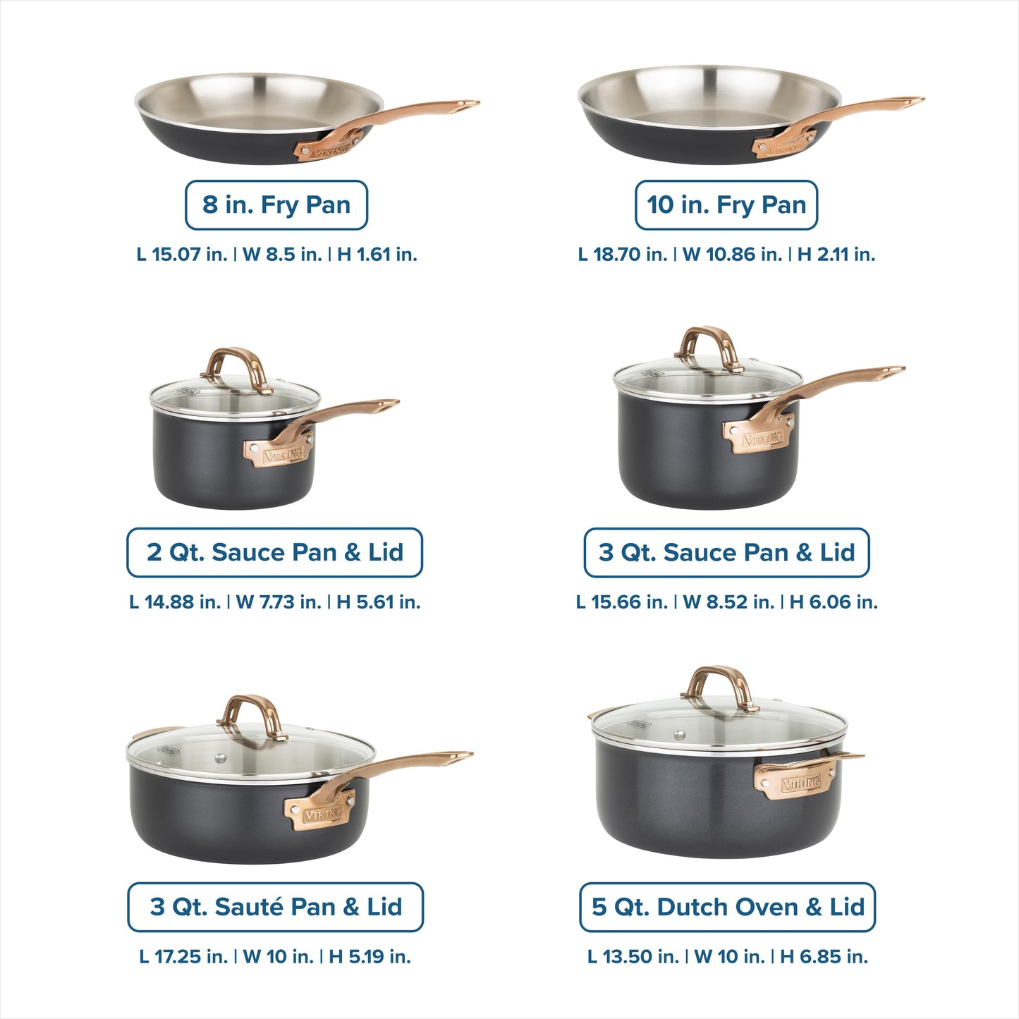 Viking 3-Ply Cookware Set, 10 Piece Stainless Steel Kitchen Cookware with Glass Lids, Oven Safe, Induction Ready, Black with Copper