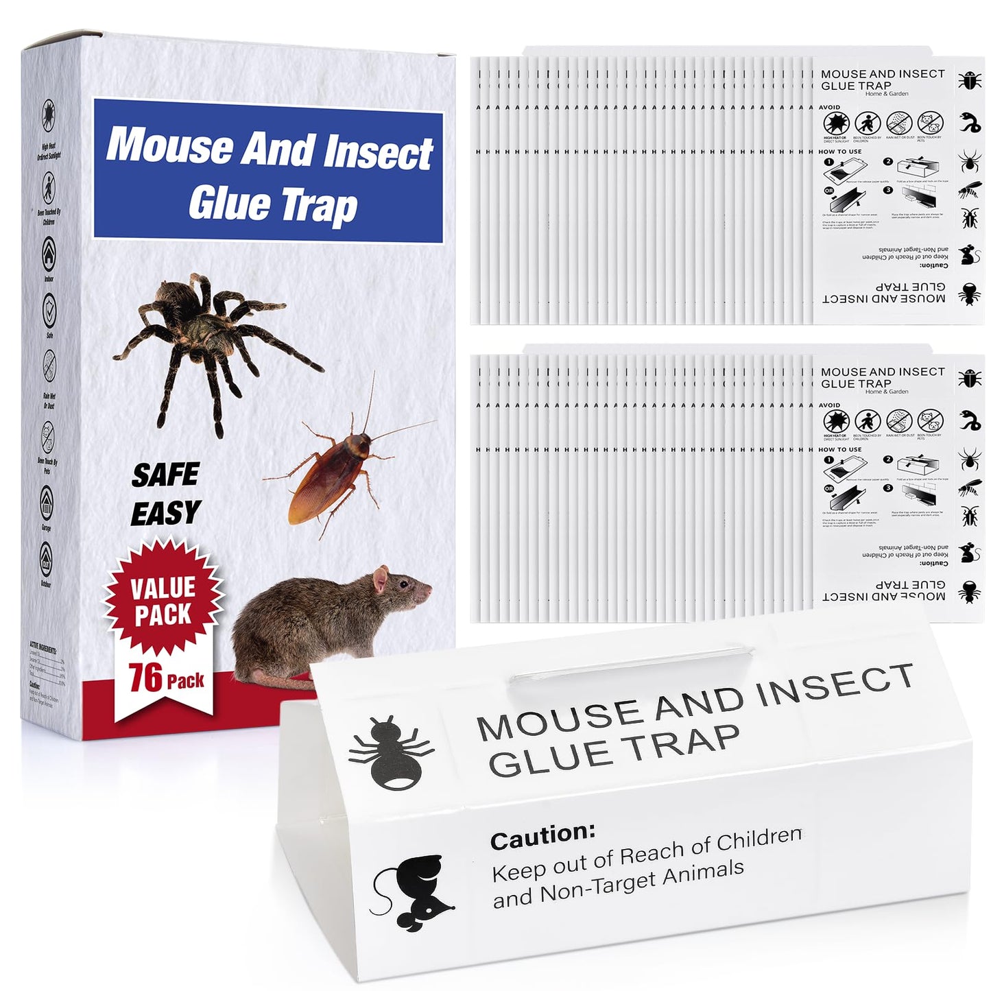 Mouse & Bugs Roach Spider Insect Traps, 76 Pack Glue Traps for Mice Ant Snake Rats, Sticky Pest Control Adhesive Tray for Catching, Sesame Oil Scent Non Toxic Pre-Baited Glue Boards Indoor Home