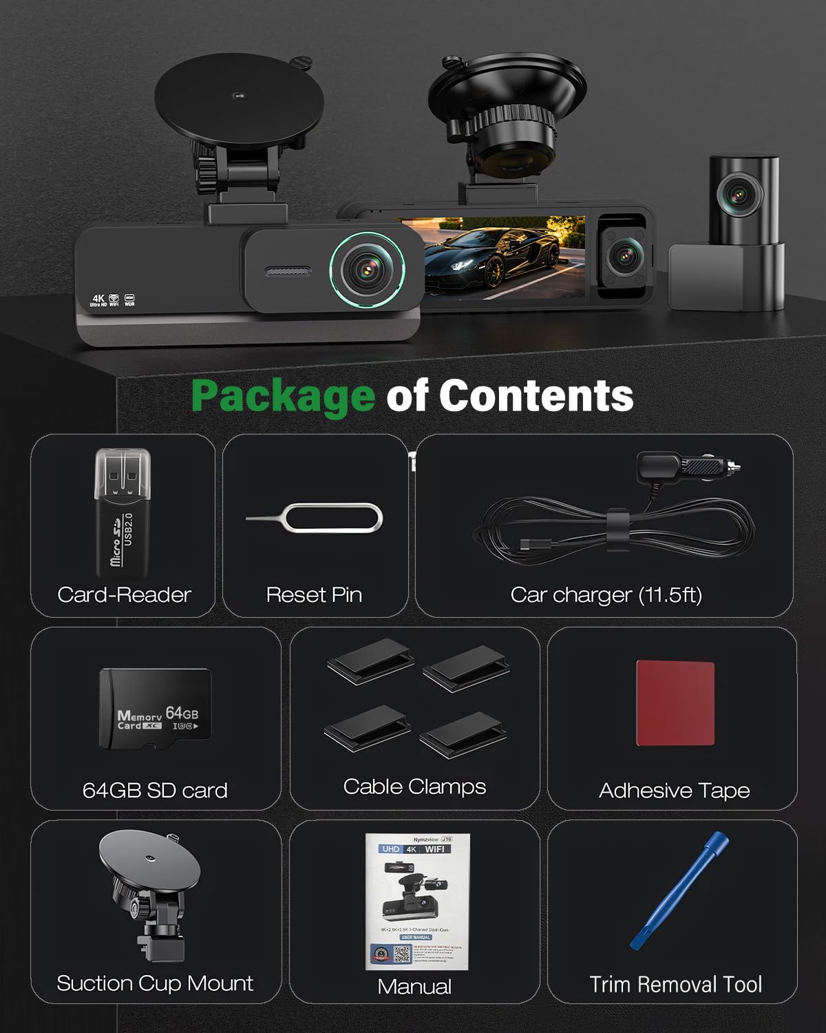 Nymzview 4K+2.5K+2.5K 3 Channel Dash Cam - Front/Rear/Inside - 5.8GHz WiFi 6 Dashcam with IR Night Vision, 64GB Card, 24H Parking Mode, G-Sensor - Car Dash Cam for Rideshare & Taxi