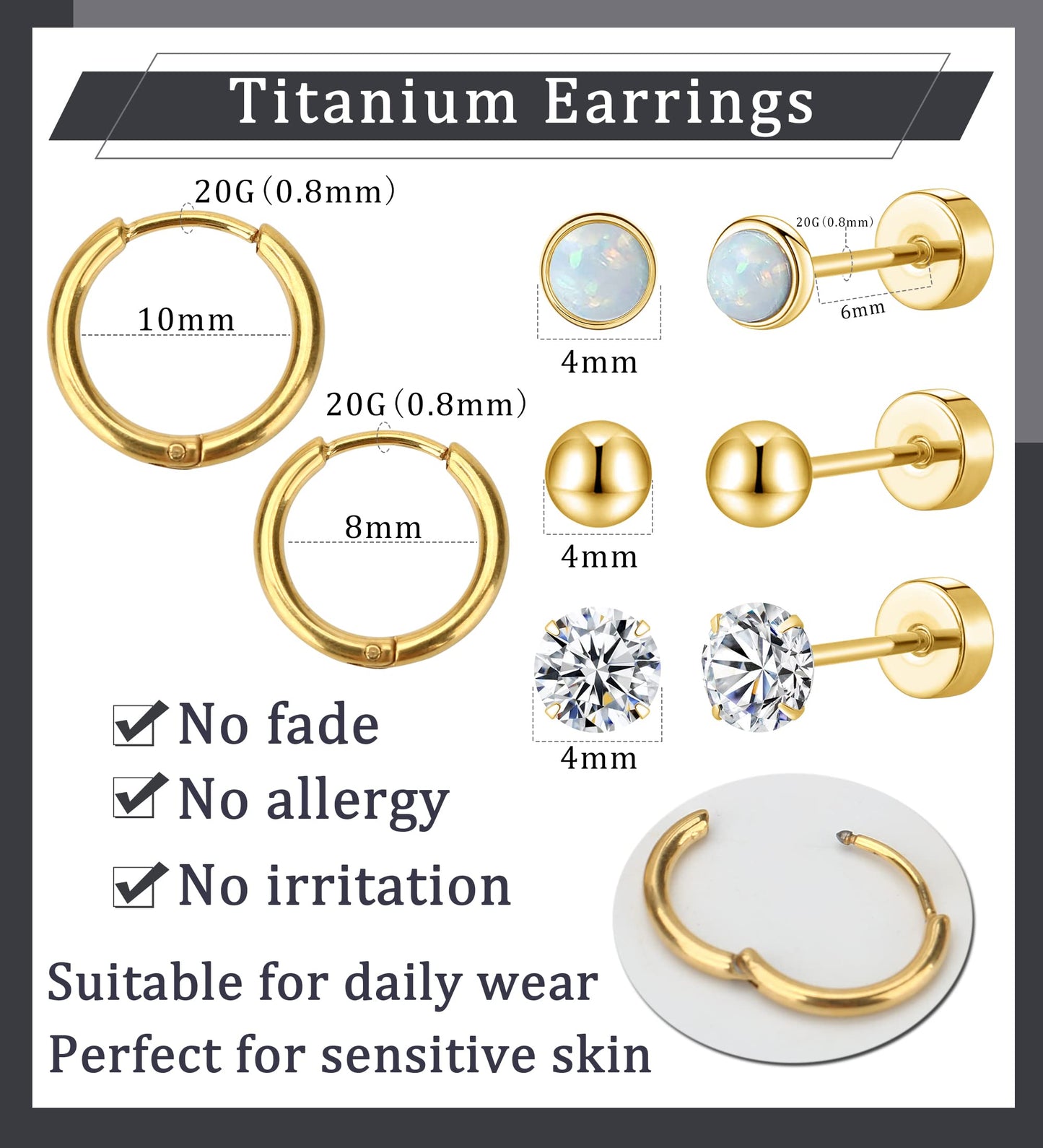 MJust Titanium Earrings for Sensitive Ears 20G Hypoallergenic Stud Hoop Earrings for Women Men Opal Ball CZ Heart Pearl Flat Back Earrings Cartilage Earrings Set