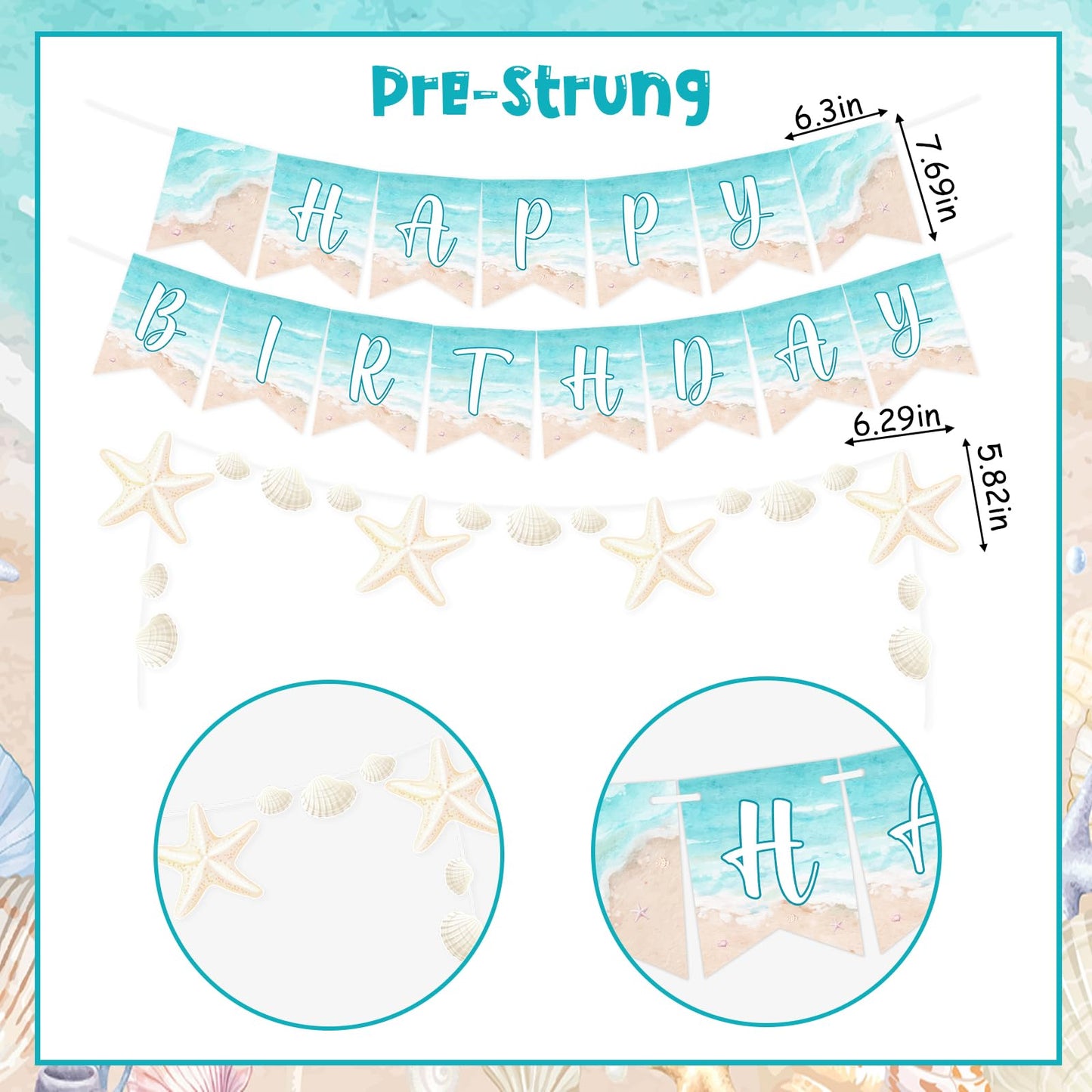 Kreatwow Beach Shell Birthday Decorations Shell Happy Birthday Banner Garland Cake Toppers Summer Seaside Ocean Ocean Waves Party Decors Sea Surf Nautical Coastal Mermaid Birthday Party Supply