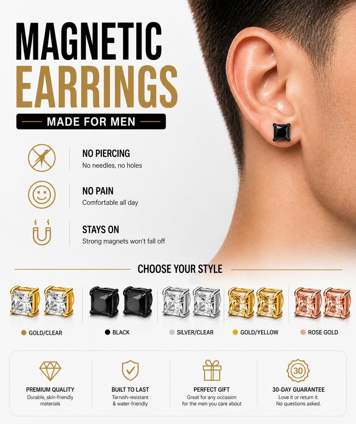 BEFOSHINN Magnetic Stud Earrings for Men and Women, No Piercing Needed, 5 Pairs 316L Stainless Steel CZ Clip On Ear Studs, 6mm Fake Earrings for Non Pierced Ears, Silver Black Gold Rose Gold