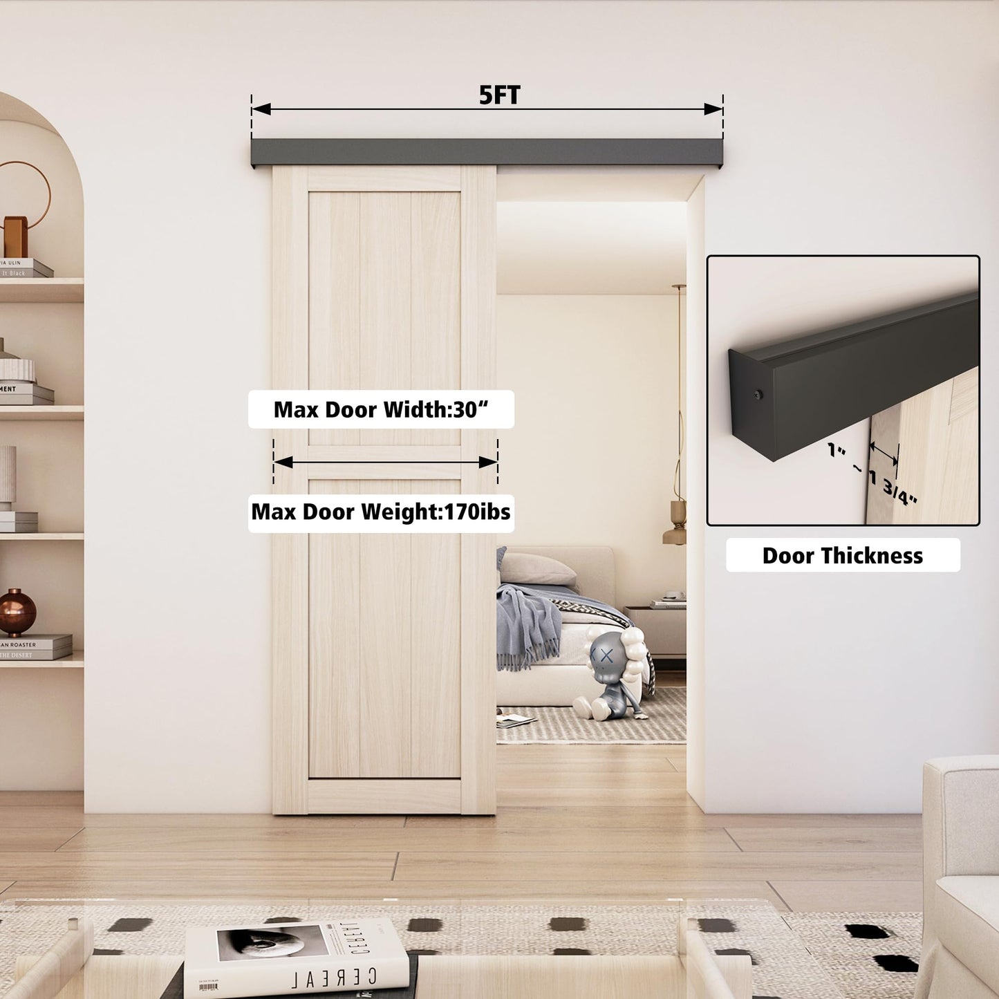 SongYung 5FT Barn Door Hardware Kit, Low Clearance Aluminium Alloy Box Rail Track Hardware Kit, Sliding Door Track for Interior Single Wooden Door,Black