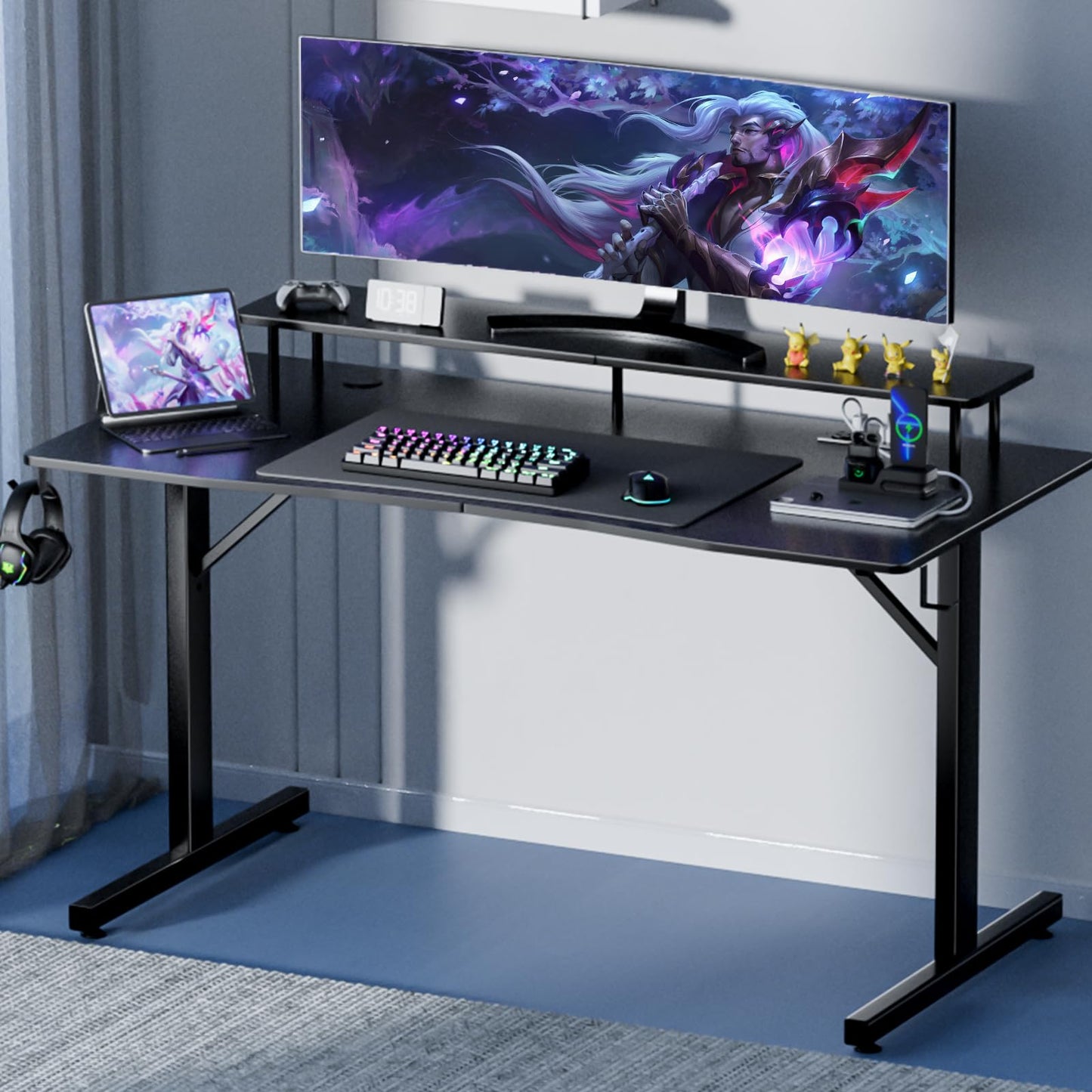 GTRACING Gaming Desk with LED Lights, 55 Inch Large Computer Gamer Desk with Monitor Stand & Power Outlet, Ergonomic Carbon Fiber Surface Gaming Table with Mouse Pad for Home Office, Carbon Black