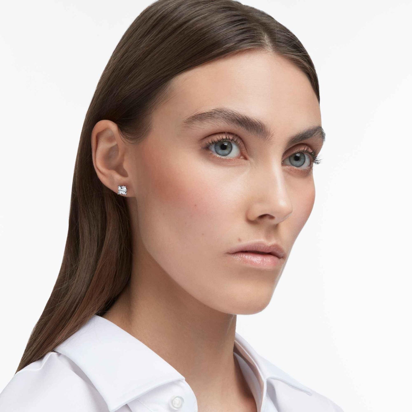 Swarovski Attract Square Stud Pierced Earrings with Clear Crystals on a Rhodium Plated Setting with Butterfly Back Closure