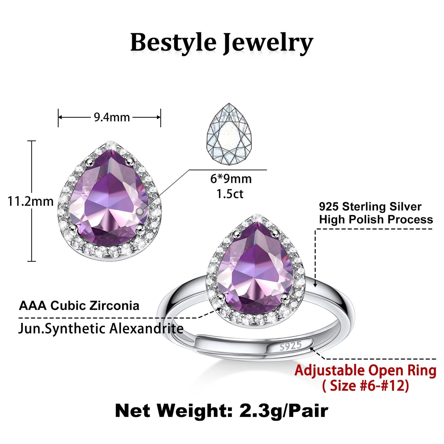 Bestyle Flattering June Alexandrite Teardrop Crystal Rings Halo Cubic Zirconia Rings for Women Dainty 925 Sterling Silver Hypoallergenic Adjustable Rings, Size #6-#12