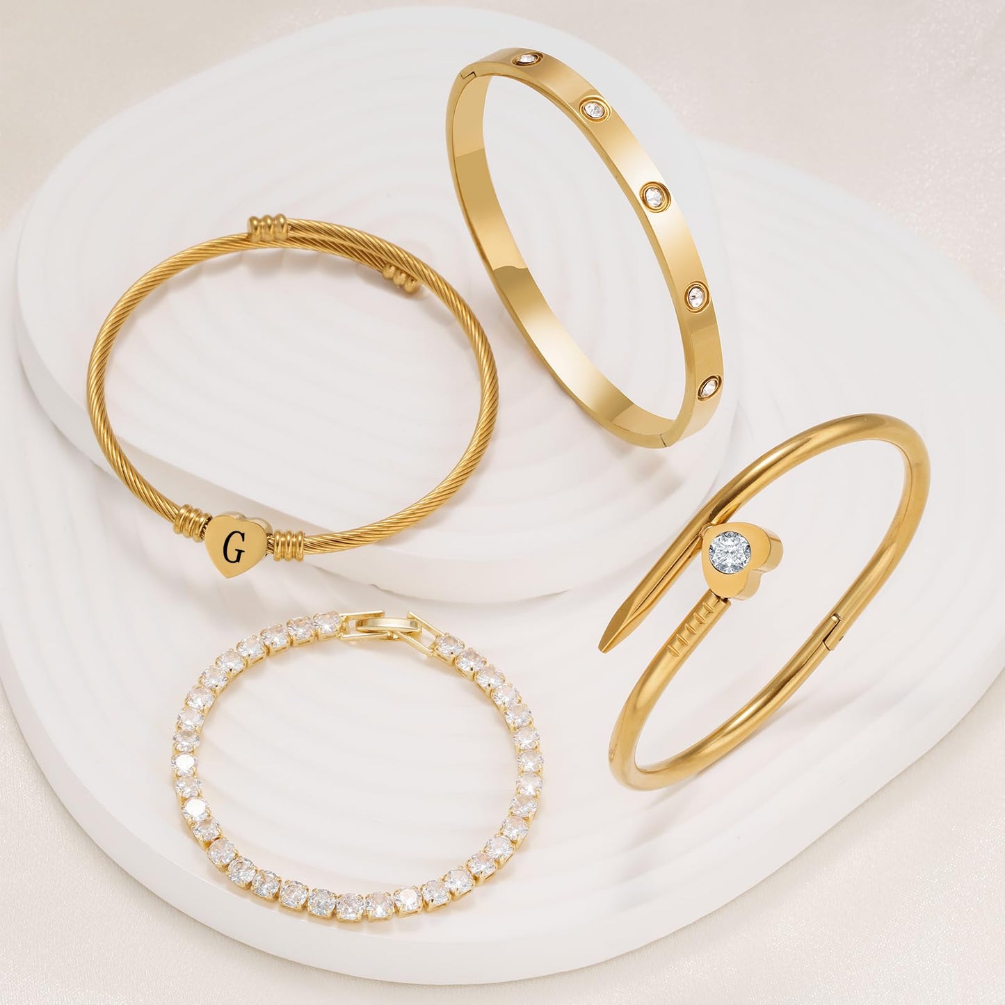 MEIERYA18K Gold Plated Nail love Bangle Bracelet Set for Women,Cubic Zirconia,Adjustable tennis bracelet Trendy Gift Jewelry for Mother's Day Anniversary (06-Style-G)