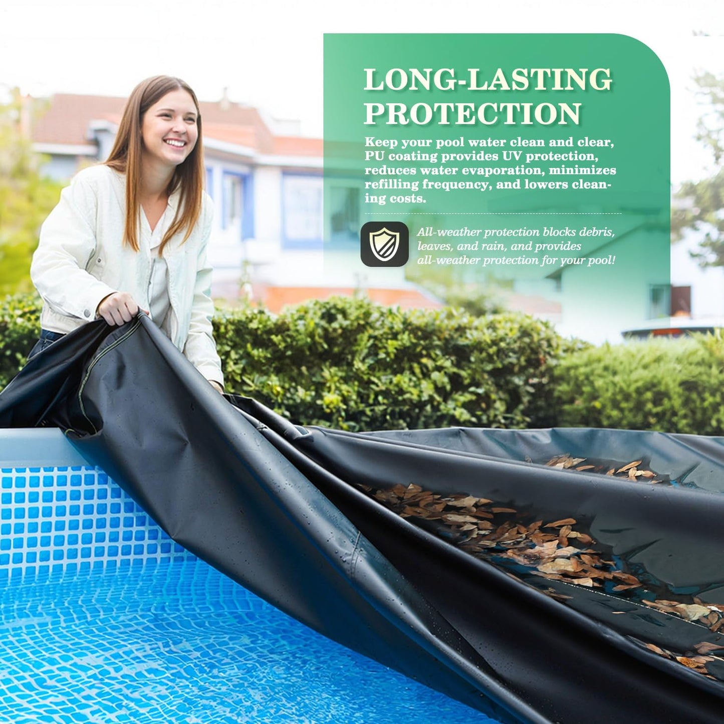 UIRWAY 18 Ft Round Pool Cover with Reflective Strips, Swimming Pool Cover for Above Ground Pools, Solar Cover Including Rope Tie and Luminous Ground Nails, PU Tarp Snug Fit for UV Protected