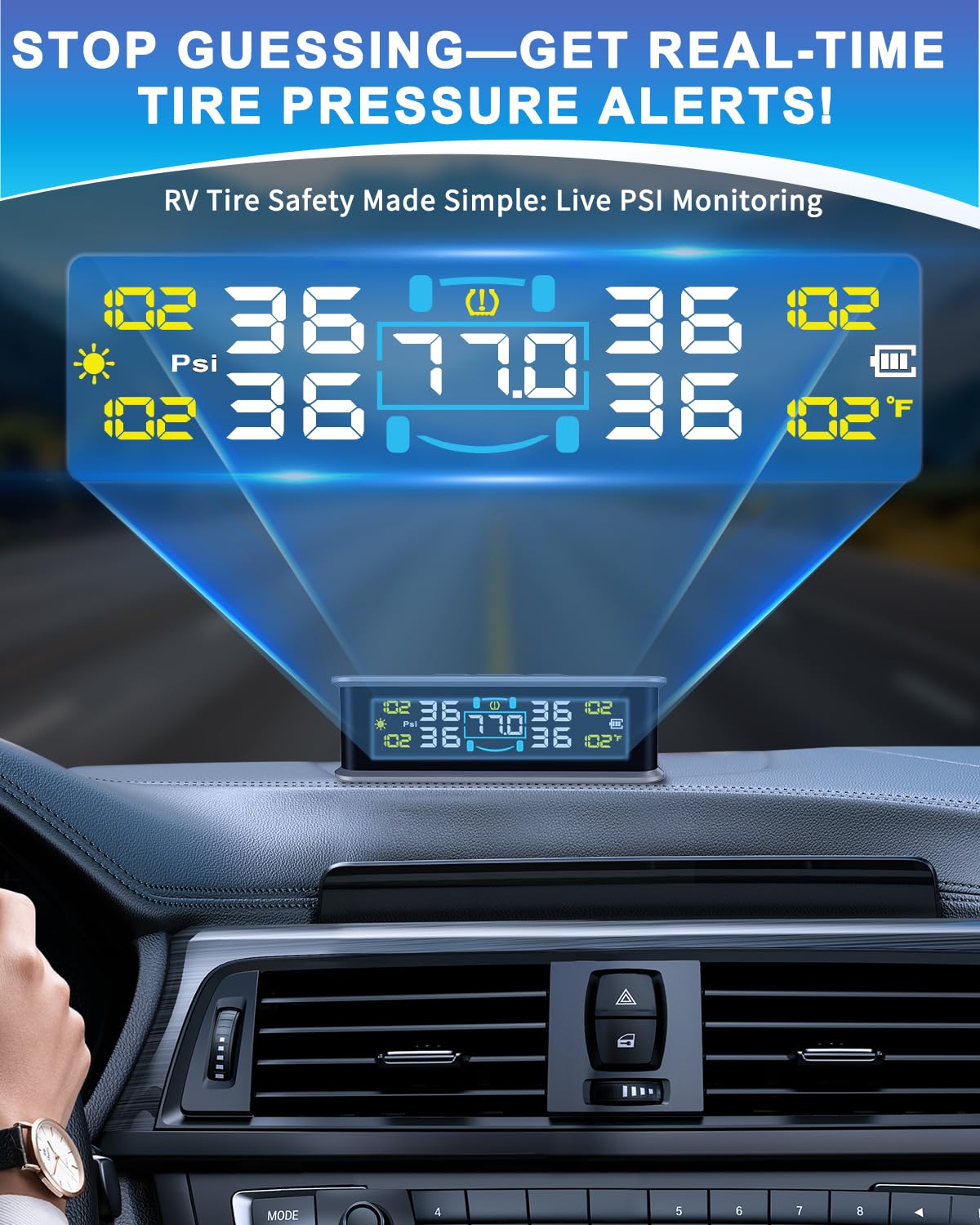 RV Tire Pressure Monitoring System (TPMS) - TPMS sensors set of 4 & 6 Alarm Modes | Solar/USB Charger | LCD Display | for RV/Truck/SUV/MPV/Sedan | TPMS Kit