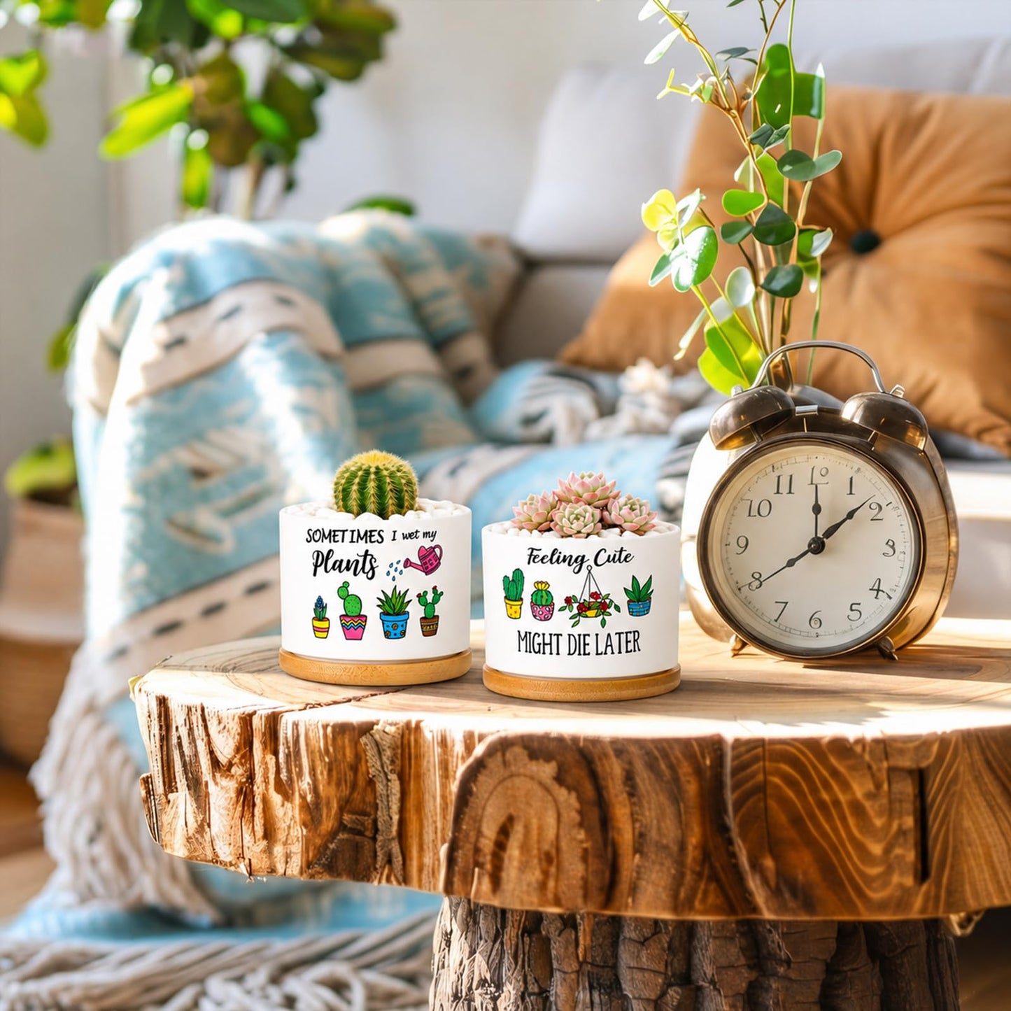 Acellegic 6 Pcs Funny Succulent Plant Pots with Bamboo Trays Mini Ceramic Flower Pots Cute Cactus Planters for Indoor Women Plant Lovers Nurse, Plants Not Included