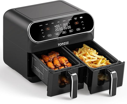 Topzee Dual Basket Air Fryer 8QT – Family Size Air Fryer with Dual Independent Zones, 8 Cooking Presets, Simultaneous Finish Mode, Viewing Windows, 90–400°F, Low-Oil Cooking, Black