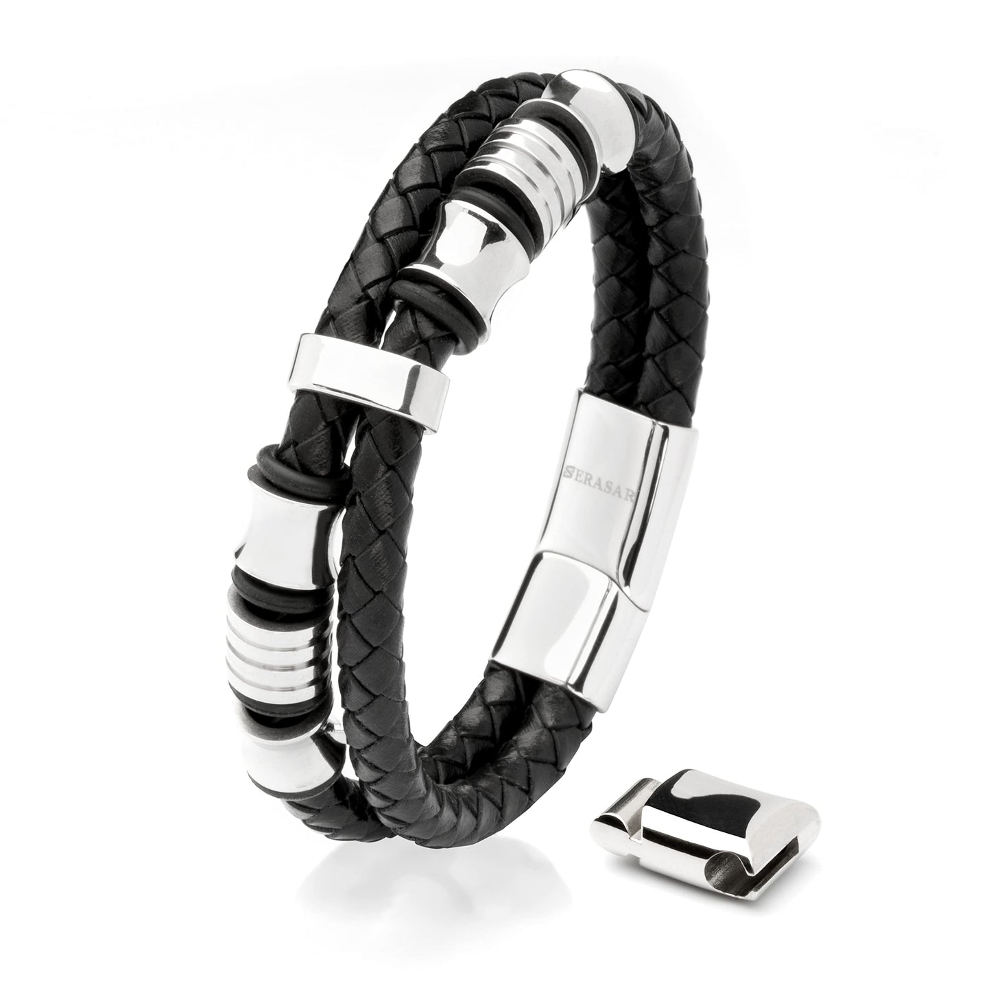 SERASAR 9″ Silver Leather Bracelets for Men Mens Cowhide Gift Box Braided Bracelet Stainless Steel Jewelry Wrist Band Cuff Wrap Rope Bangle Dad Pulseras para Hombres Cuero Regalo