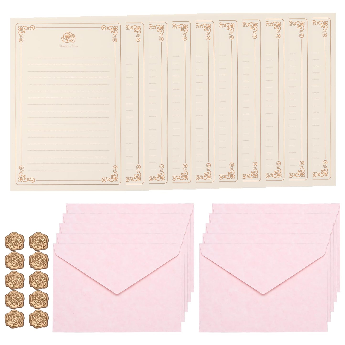 PATIKIL 10 Pack Stationery Paper and Envelopes Set, Stationary Set Letter and Envelopes Vintage Lined Pretty Paper Parchment Retro Elegant with Sealing Wax for Writing Letters Women, Pink